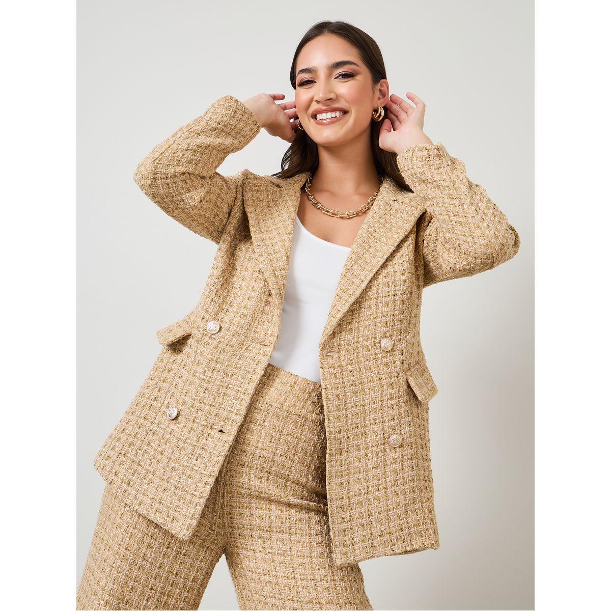 Styli Regular Fit Longline Double Breasted Tweed Blazer-women-clothing-coatsandjackets-blazers-image-1