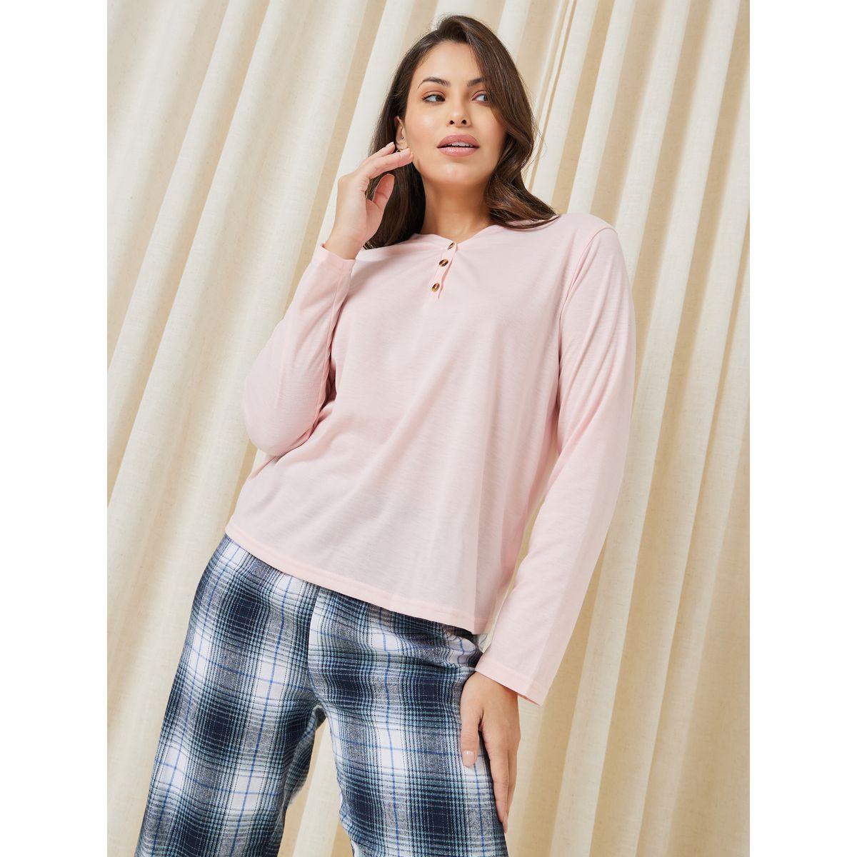 Styli Unwind Solid Placket Tee & Brushed Check Piped Pyjama Set-women-clothing-nightwear-pyjamas-longsets-image-3