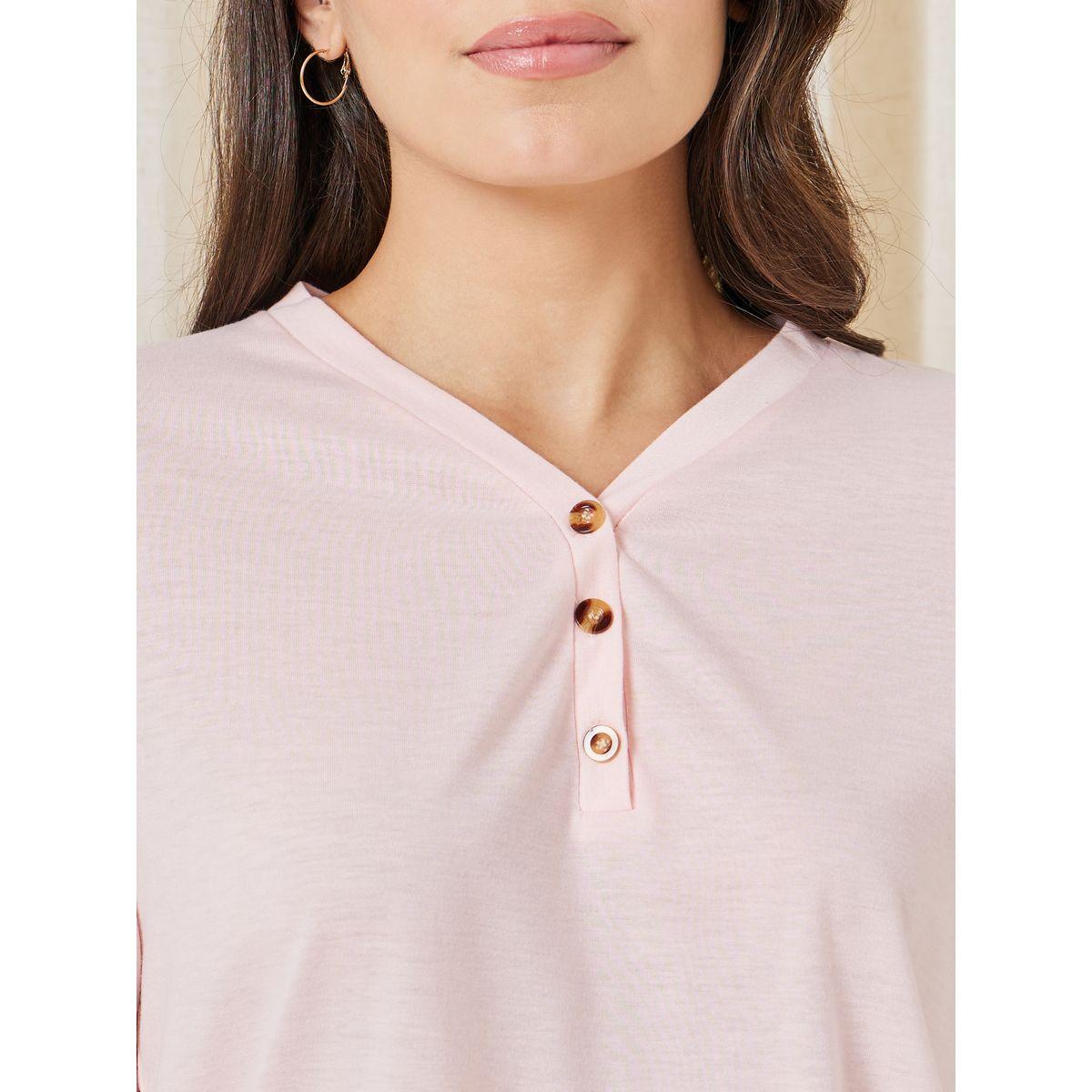Styli Unwind Solid Placket Tee & Brushed Check Piped Pyjama Set-women-clothing-nightwear-pyjamas-longsets-image-4