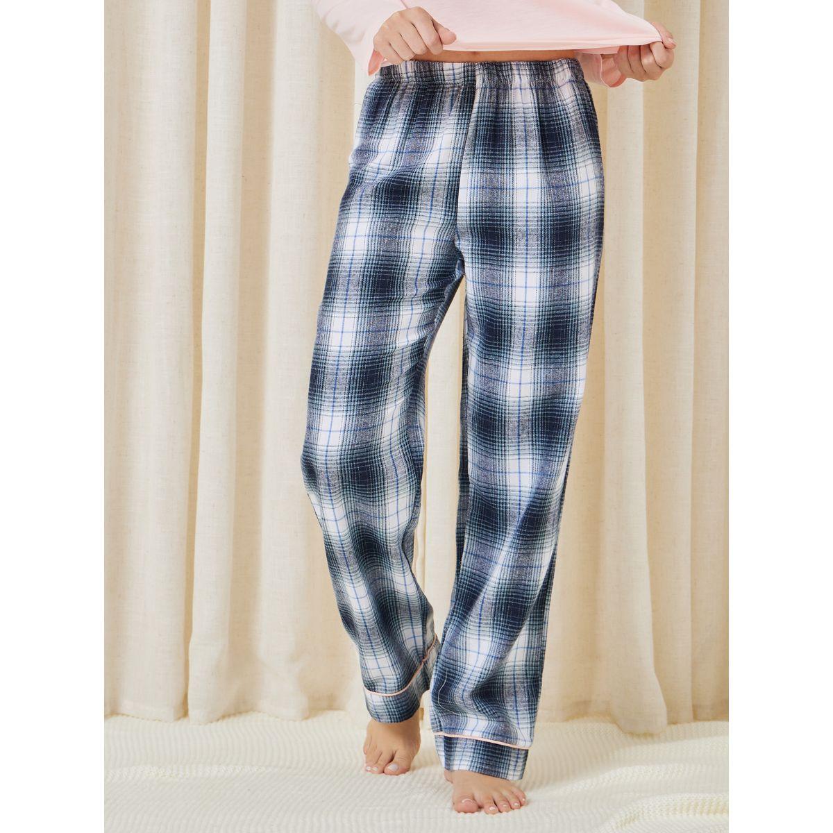 Styli Unwind Solid Placket Tee & Brushed Check Piped Pyjama Set-women-clothing-nightwear-pyjamas-longsets-image-5