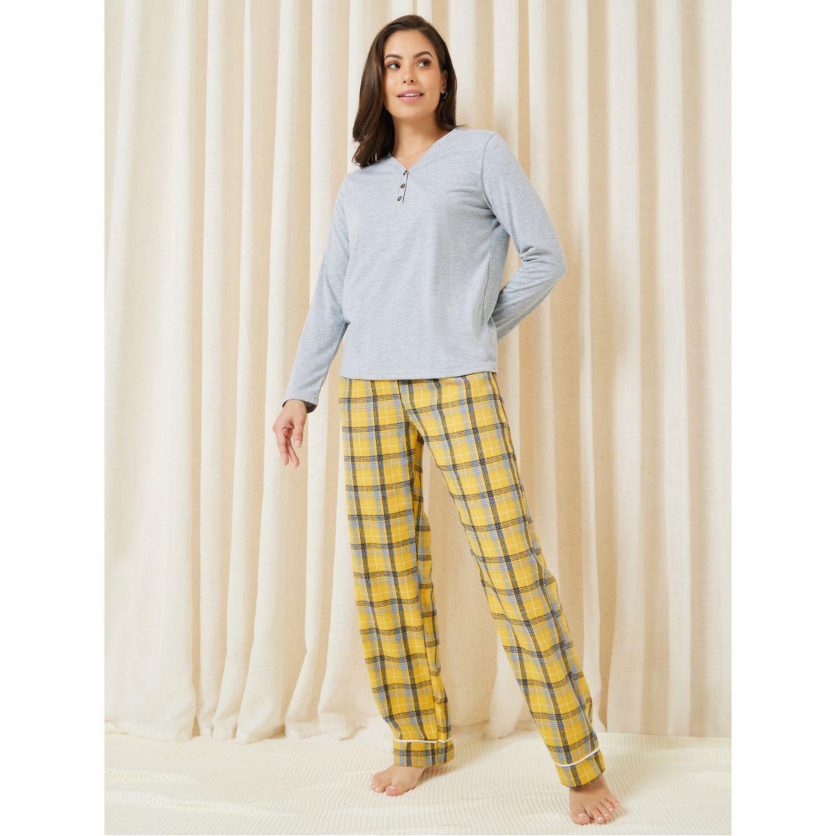 Styli Unwind Solid Placket Tee & Brushed Check Piped Pyjama Set-women-clothing-nightwear-pyjamas-longsets-image-1
