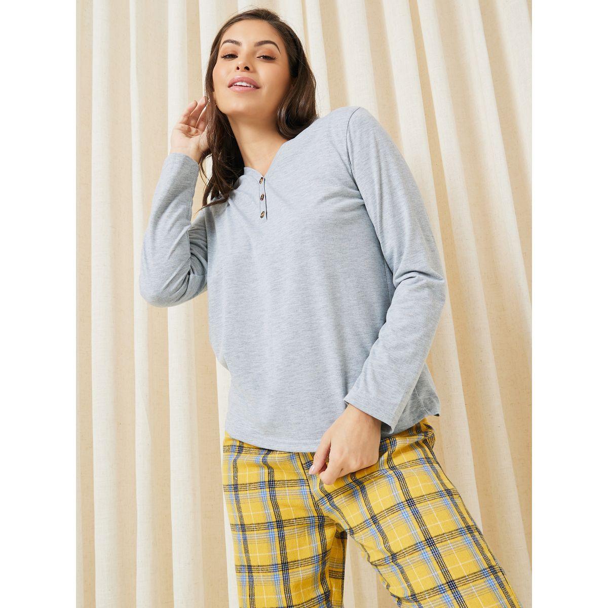 Styli Unwind Solid Placket Tee & Brushed Check Piped Pyjama Set-women-clothing-nightwear-pyjamas-longsets-image-2