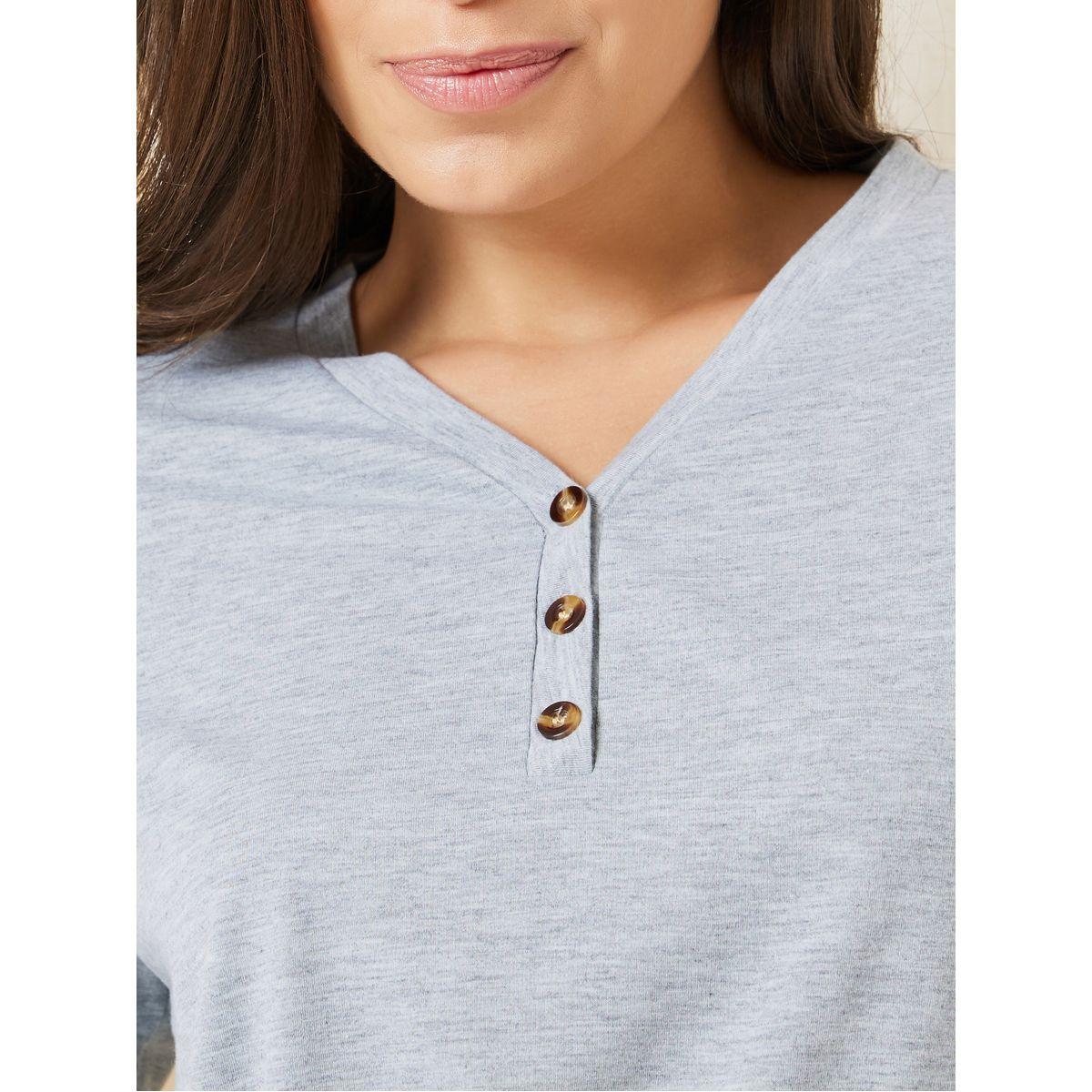 Styli Unwind Solid Placket Tee & Brushed Check Piped Pyjama Set-women-clothing-nightwear-pyjamas-longsets-image-3