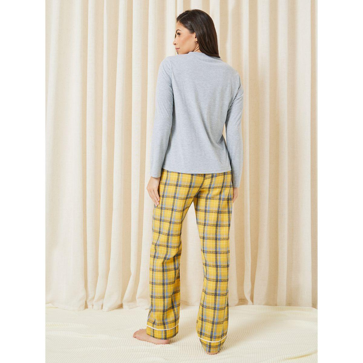 Styli Unwind Solid Placket Tee & Brushed Check Piped Pyjama Set-women-clothing-nightwear-pyjamas-longsets-image-4