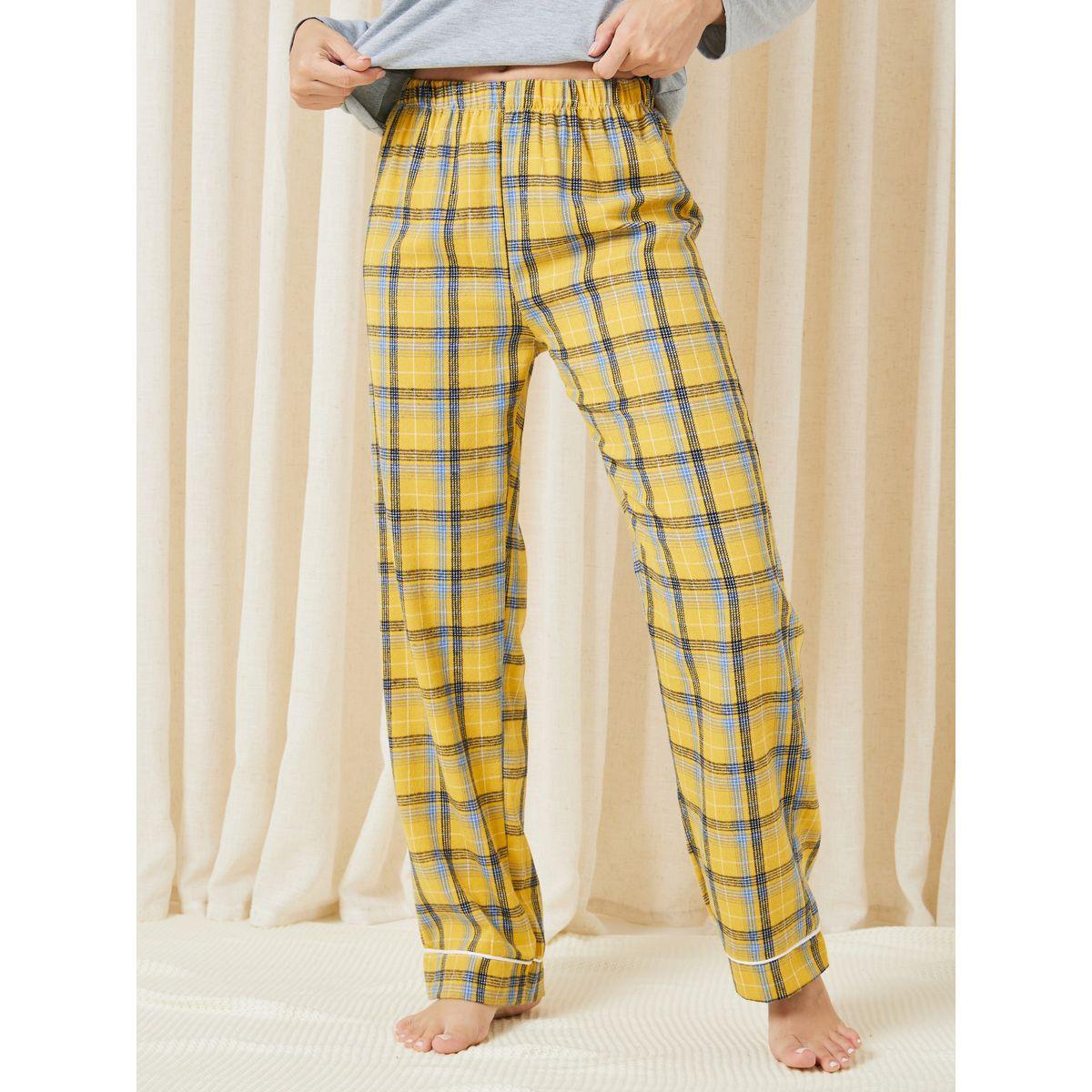 Styli Unwind Solid Placket Tee & Brushed Check Piped Pyjama Set-women-clothing-nightwear-pyjamas-longsets-image-5