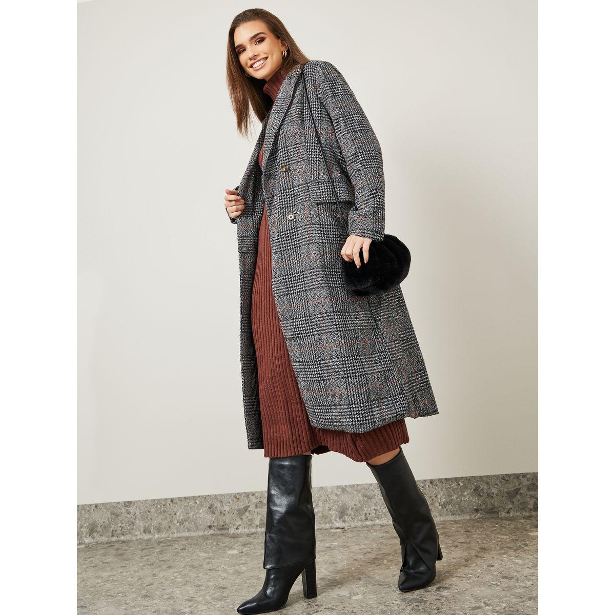 Styli Houndstooth Pattern Wool Like Double Breasted Midi Coat-women-clothing-coatsandjackets-coats-image-1
