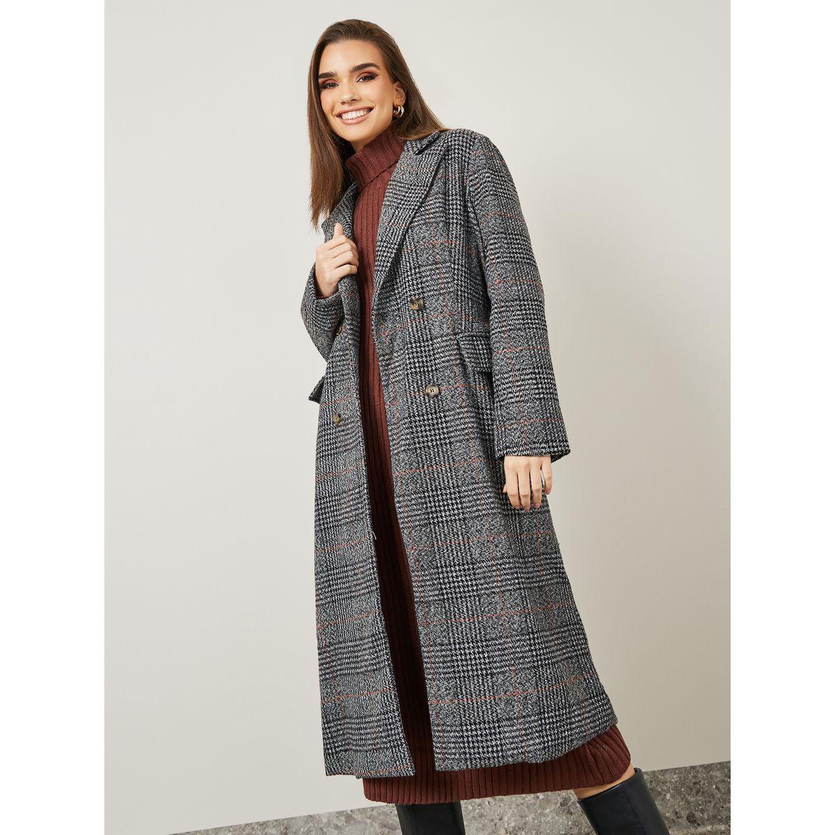 Styli Houndstooth Pattern Wool Like Double Breasted Midi Coat-women-clothing-coatsandjackets-coats-image-2