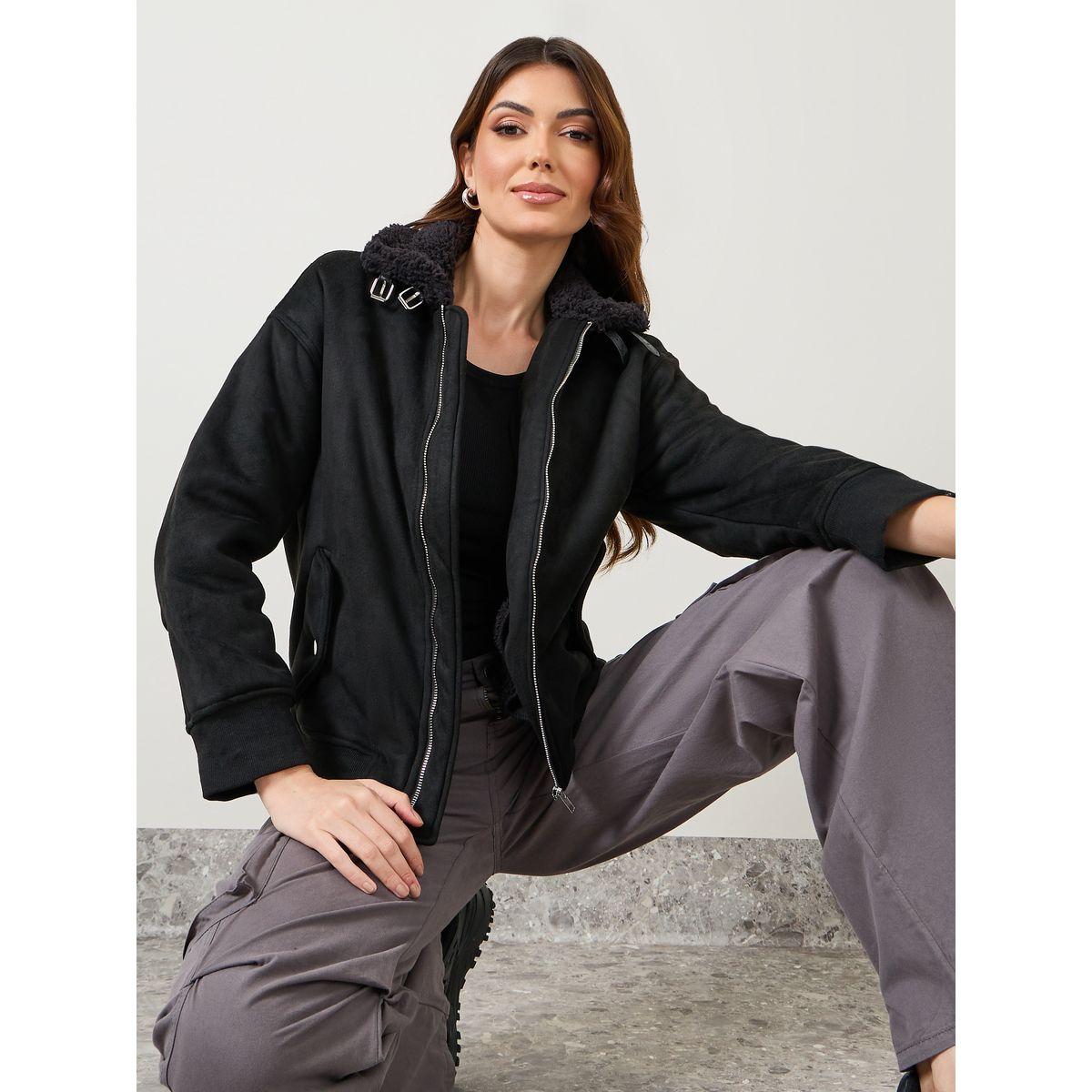 جاكيت بومبر بياقة عالية وفرو صناعي-women-winterwear-coatsandjackets-jackets-image-1