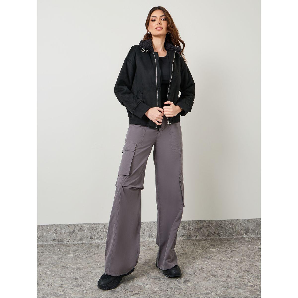 جاكيت بومبر بياقة عالية وفرو صناعي-women-winterwear-coatsandjackets-jackets-image-2