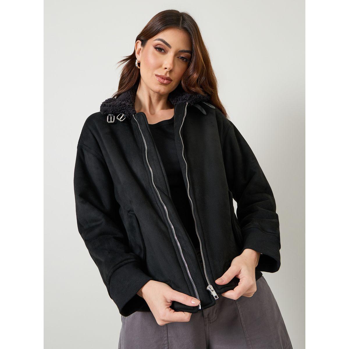 جاكيت بومبر بياقة عالية وفرو صناعي-women-winterwear-coatsandjackets-jackets-image-3