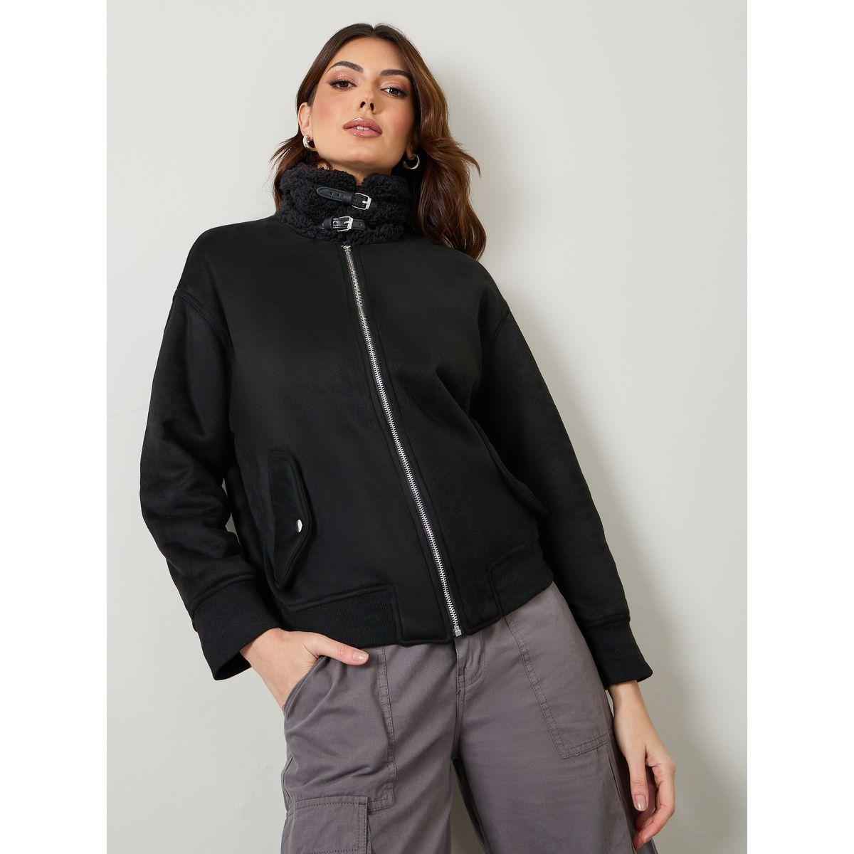 Styli Suede High Neck Bomber Jacket With Faux Fur Collar-women-winterwear-coatsandjackets-jackets-image-4