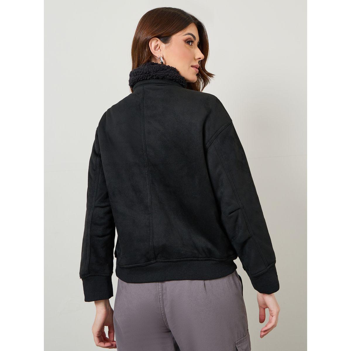 Styli Suede High Neck Bomber Jacket With Faux Fur Collar-women-winterwear-coatsandjackets-jackets-image-6