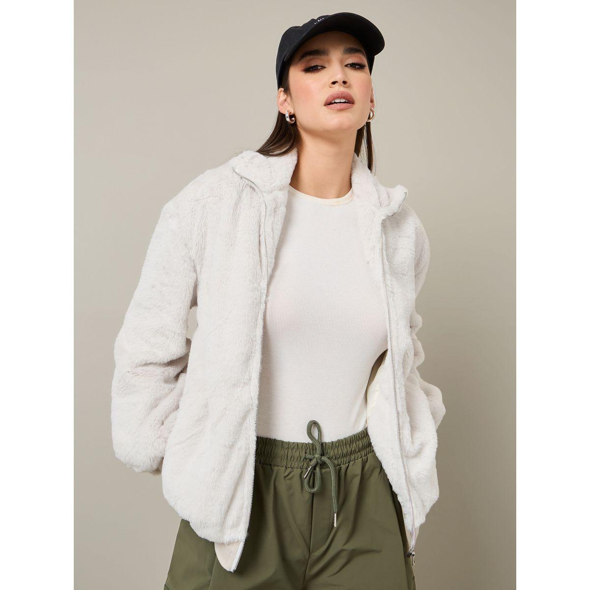 Styli Oversized Plush Fur High Neck Zip Up Jacket-women-winterwear-coatsandjackets-jackets-image-1