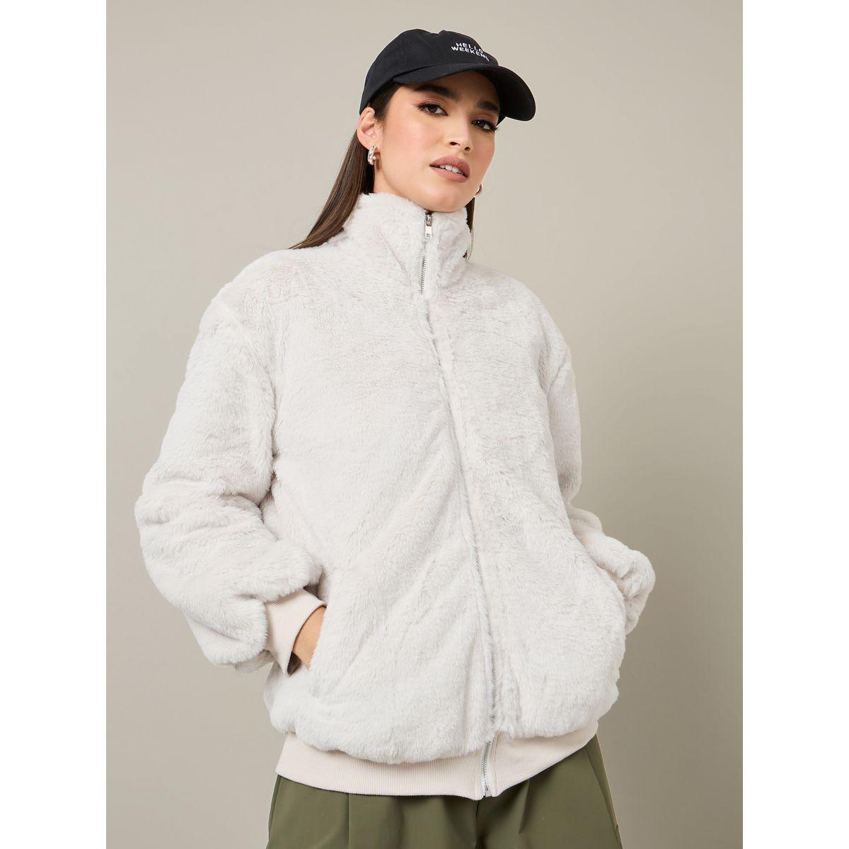 Styli Oversized Plush Fur High Neck Zip Up Jacket-women-winterwear-coatsandjackets-jackets-image-3