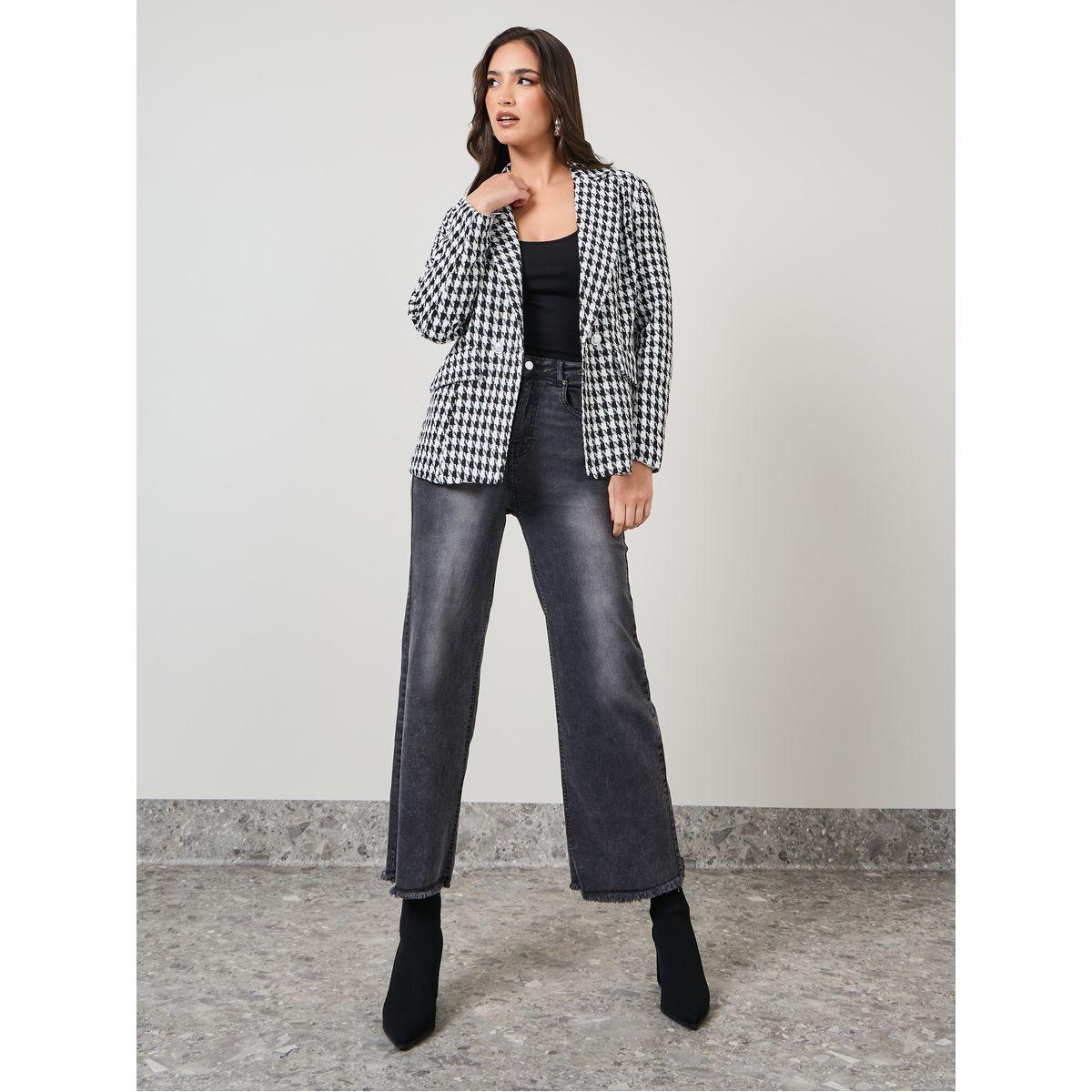 Styli Regular Fit Houndstooth Pattern Tweed Blazer-women-clothing-coatsandjackets-blazers-image-2