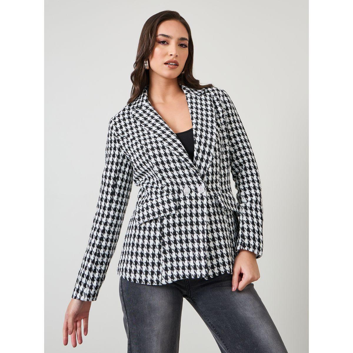 Styli Regular Fit Houndstooth Pattern Tweed Blazer-women-clothing-coatsandjackets-blazers-image-3