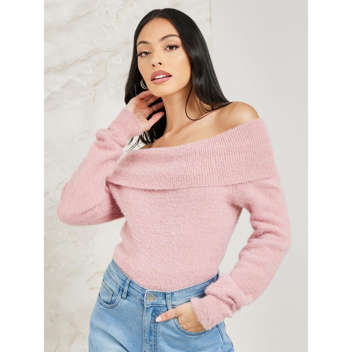 Styli Elevate Regular Fit Fuzzy Yarn Off Shoulder Neck Sweater-women-clothing-cardigansandjumpers-jumpers-image-1