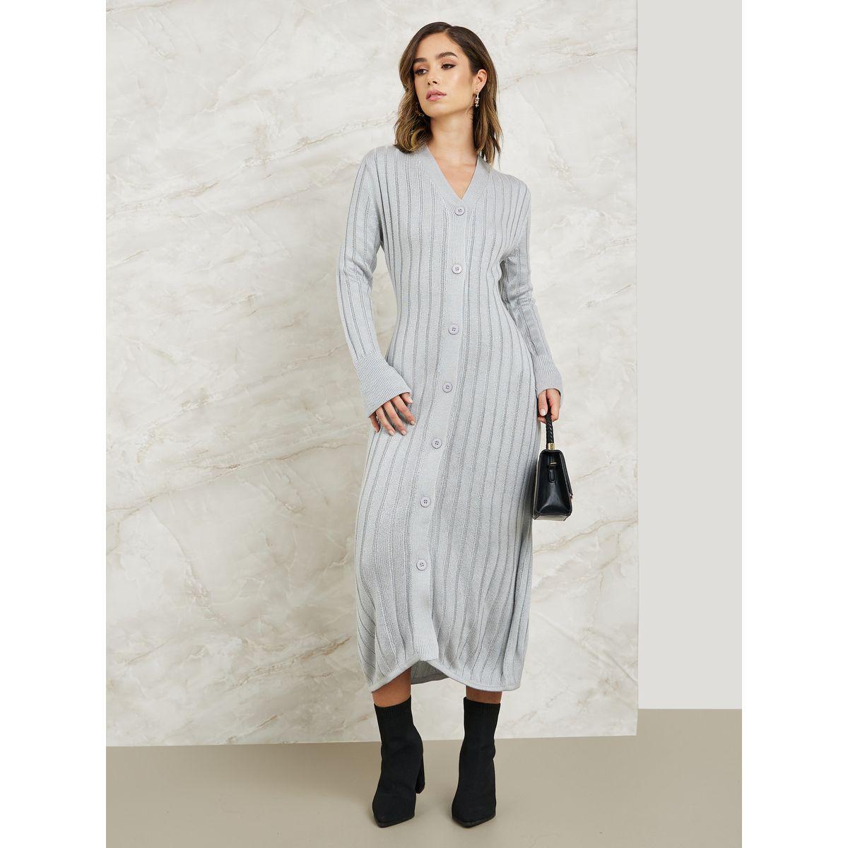 Styli Front Button Closure Bodycon Sweater Midi Dress-women-clothing-dresses-image-1