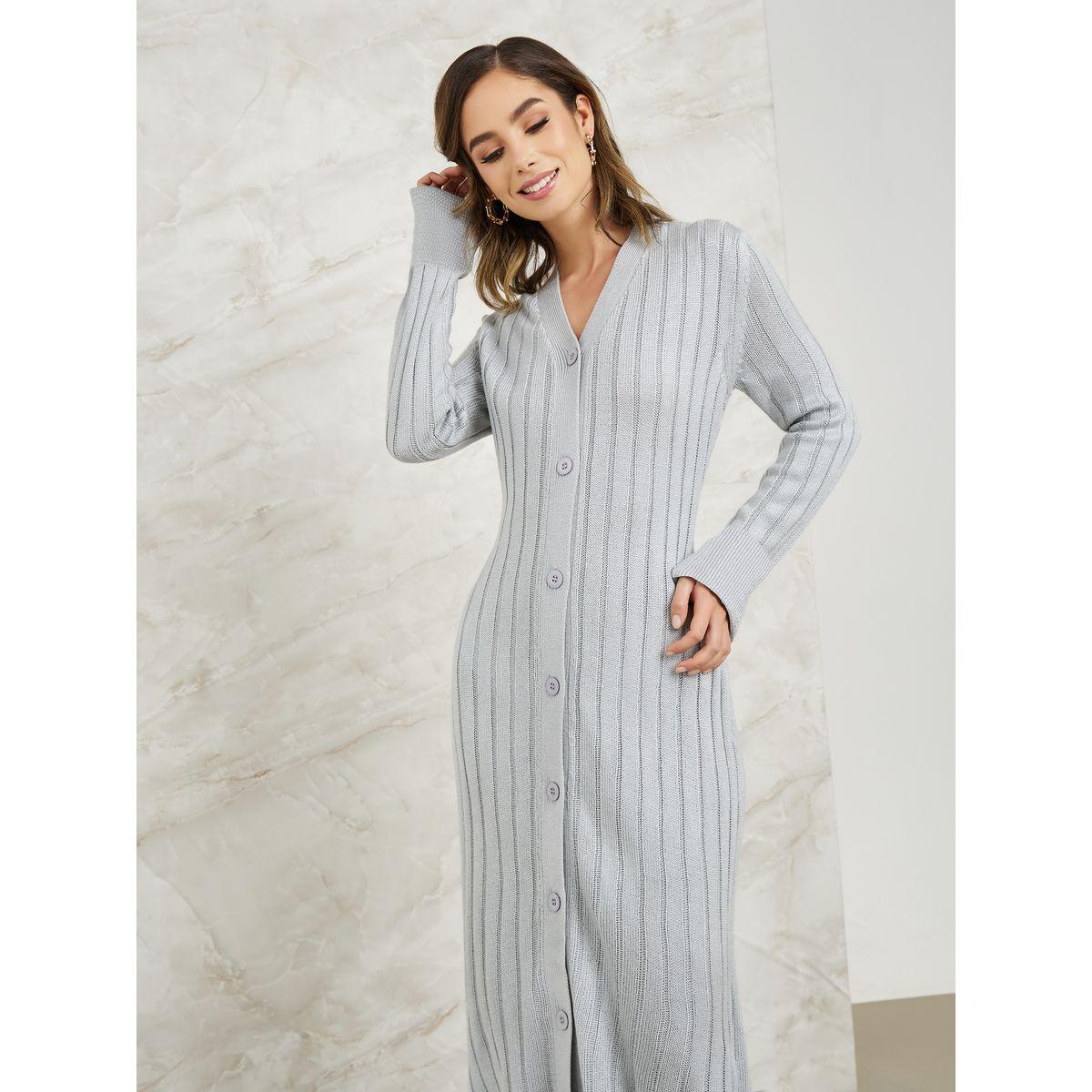 Styli Front Button Closure Bodycon Sweater Midi Dress-women-clothing-dresses-image-2
