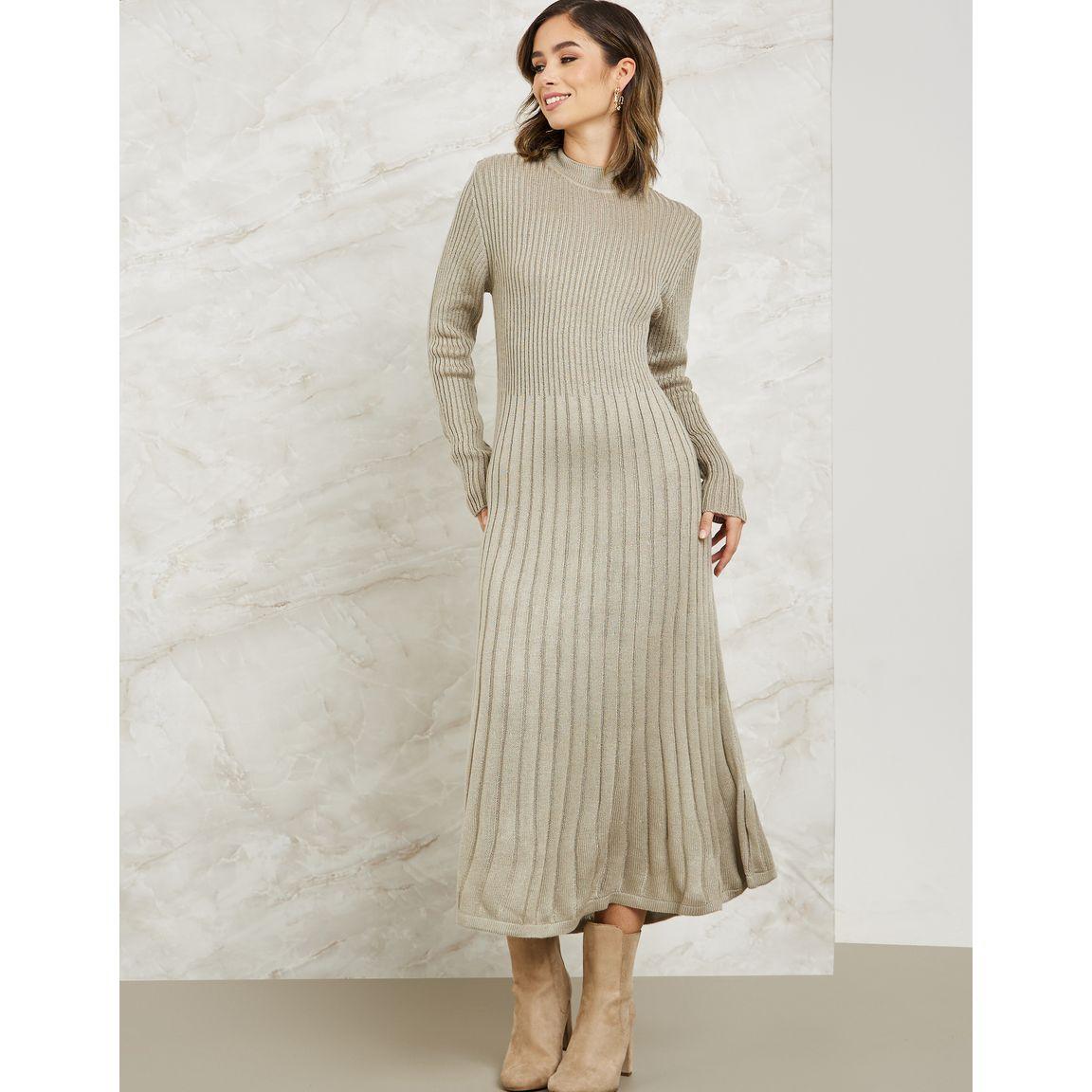 فستان ميدي مضلع بياقة عالية-women-clothing-dresses-image-1