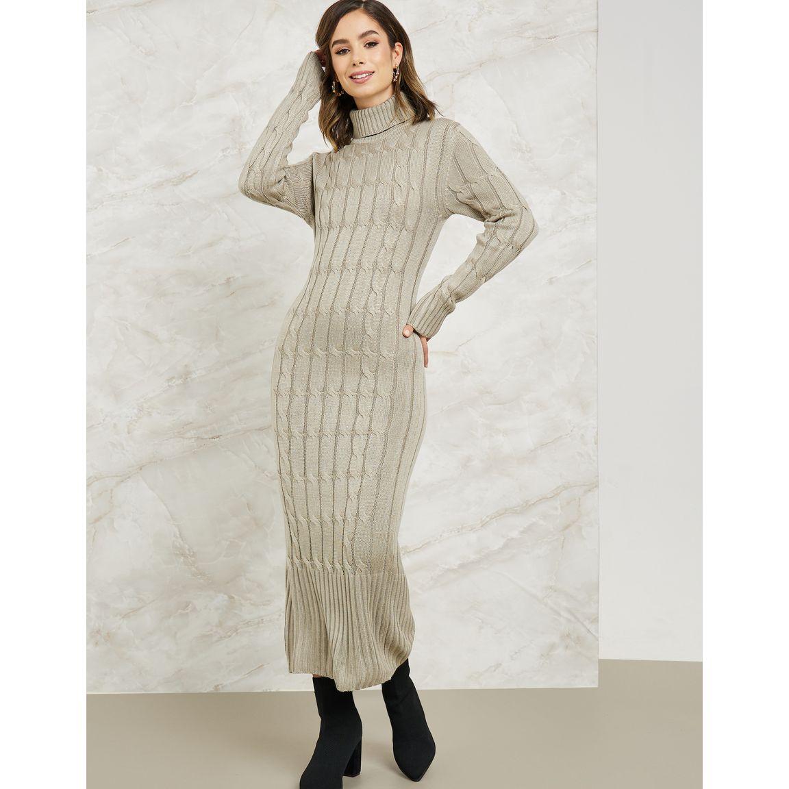 فستان ميدي ضيق بتفاصيل محبوكة وياقة عالية-women-clothing-dresses-image-1