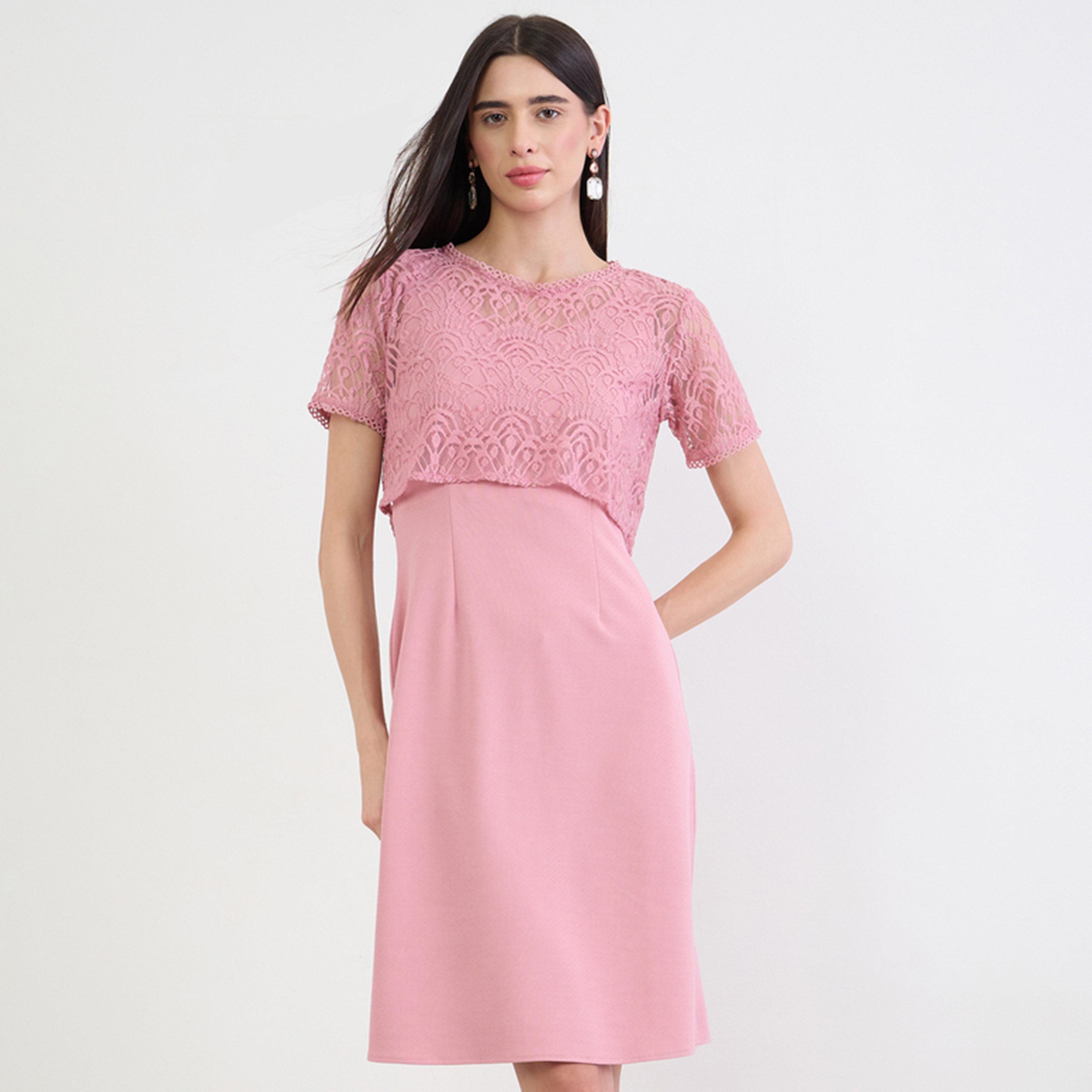 Styli Pink Lace Overlay Sheath Knee Length Dress-women-clothing-dresses-image-1