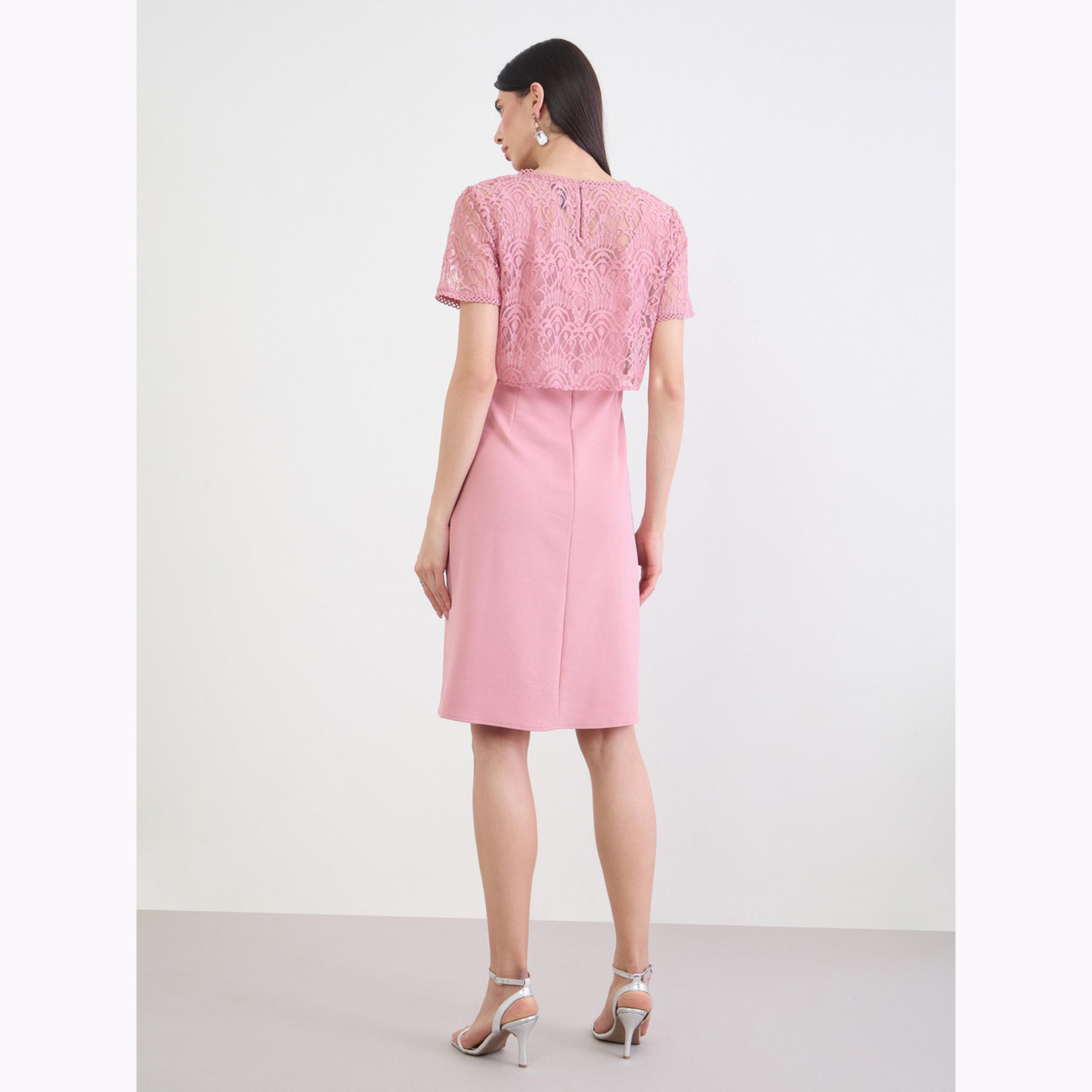 Styli Pink Lace Overlay Sheath Knee Length Dress-women-clothing-dresses-image-2