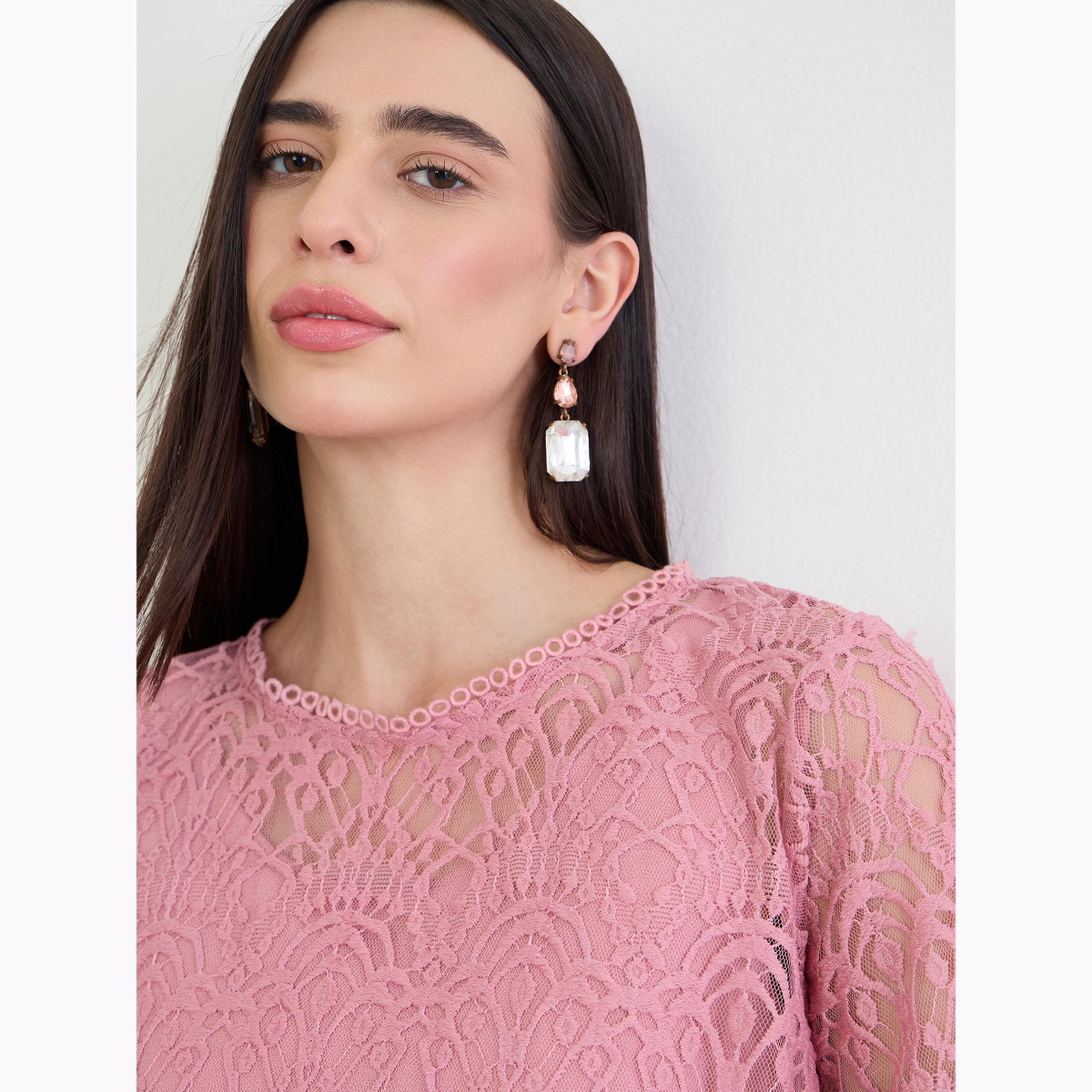 Styli Pink Lace Overlay Sheath Knee Length Dress-women-clothing-dresses-image-4