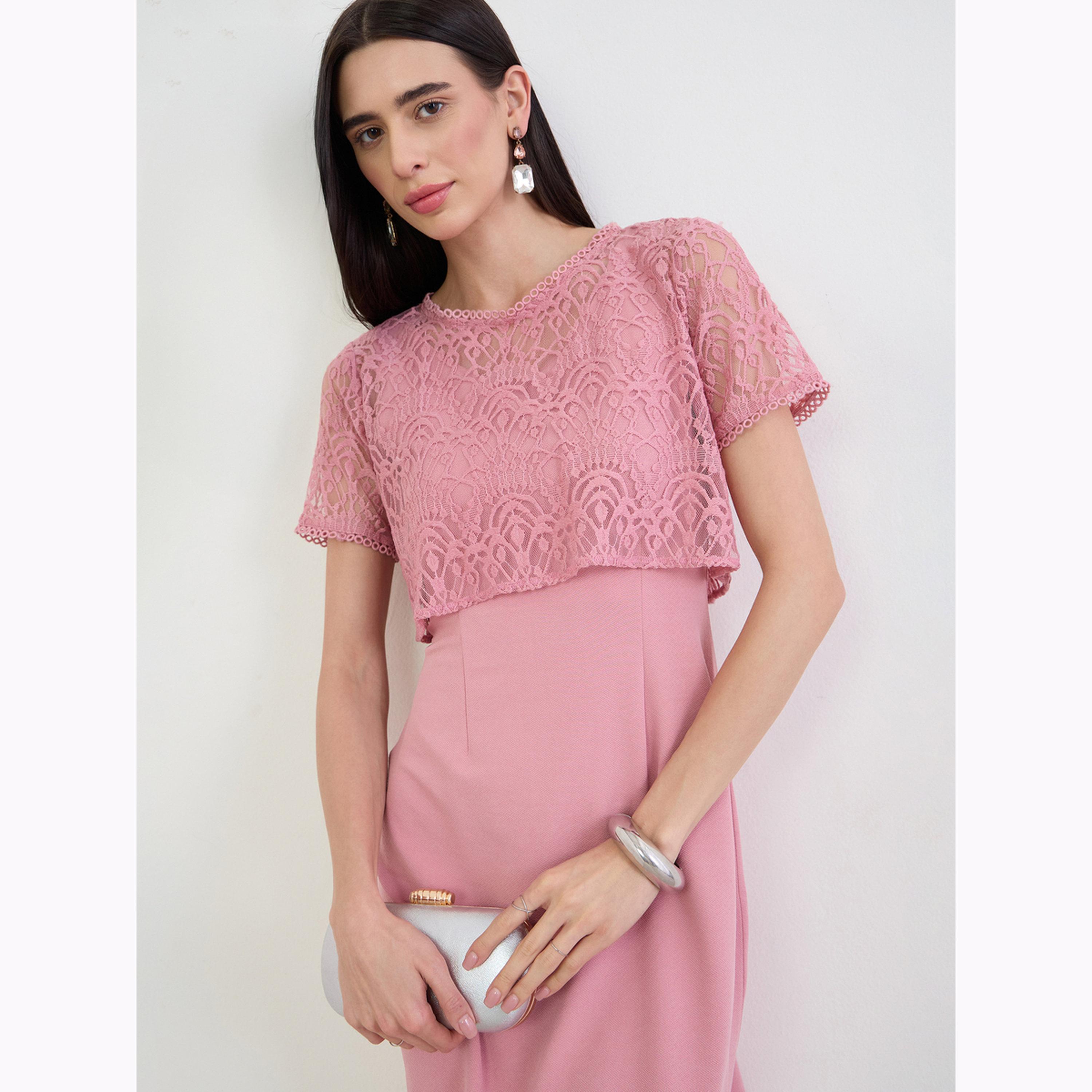 Styli Pink Lace Overlay Sheath Knee Length Dress-women-clothing-dresses-image-5