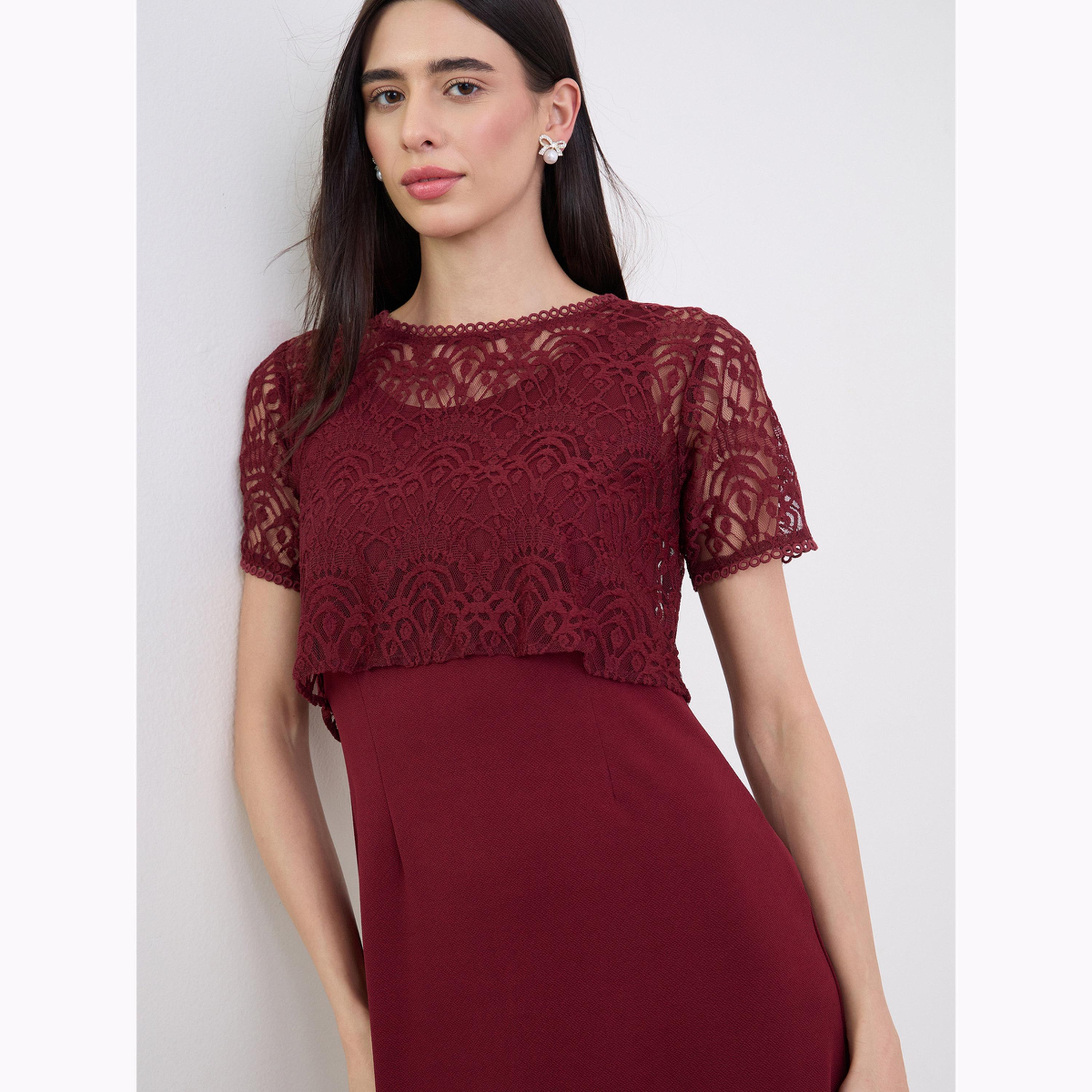 Styli Red Lace Overlay Sheath Knee Length Dress-women-clothing-dresses-image-5