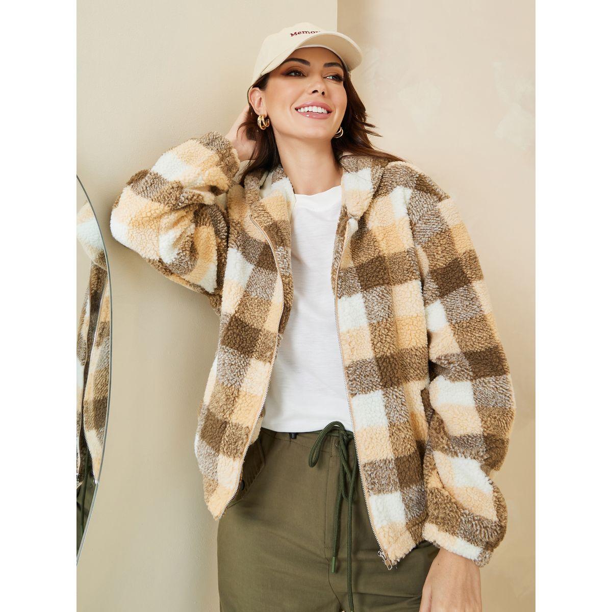 Styli Regular Fit Faux Fur Checked Hooded Jacket-women-winterwear-coatsandjackets-jackets-image-1