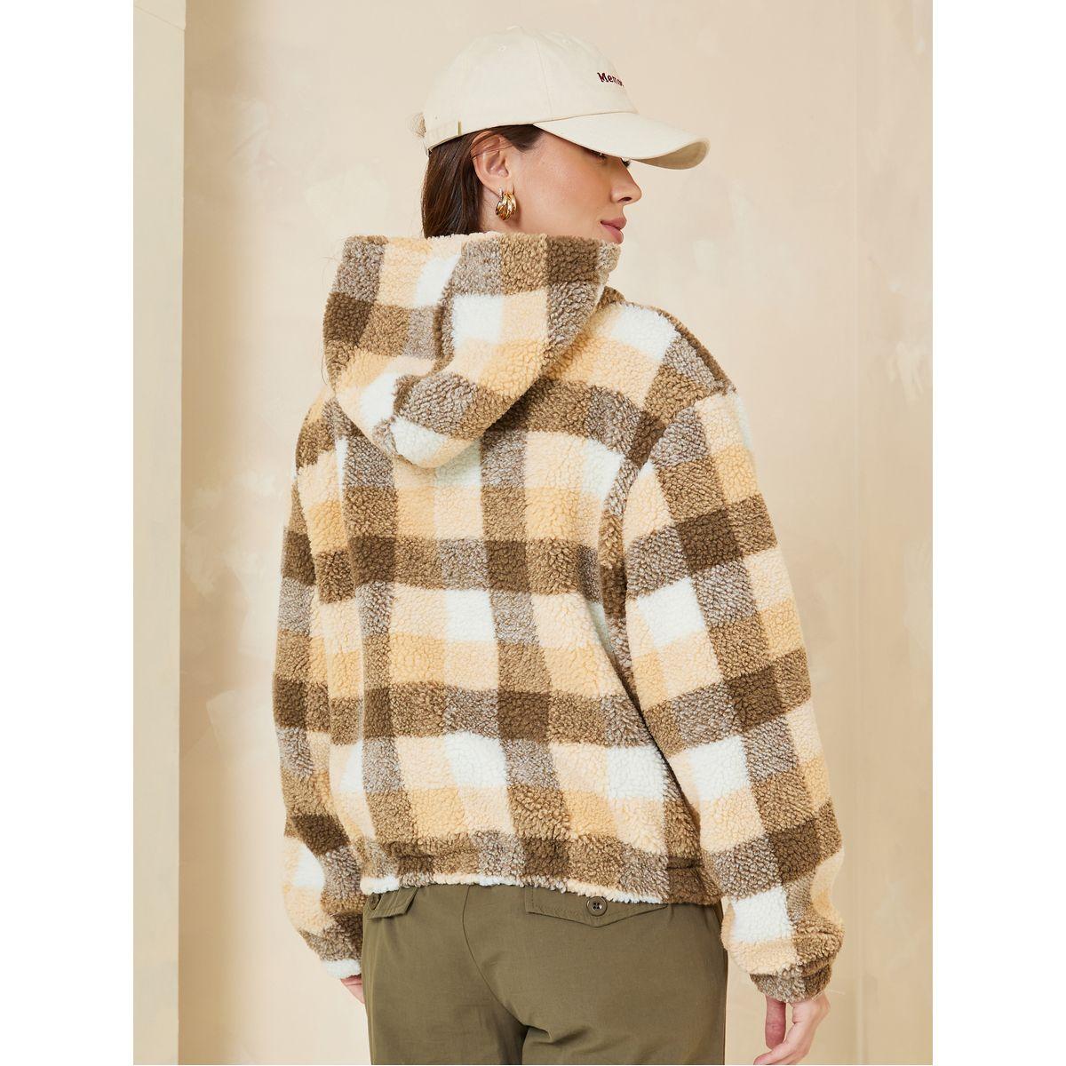 Styli Regular Fit Faux Fur Checked Hooded Jacket-women-winterwear-coatsandjackets-jackets-image-5