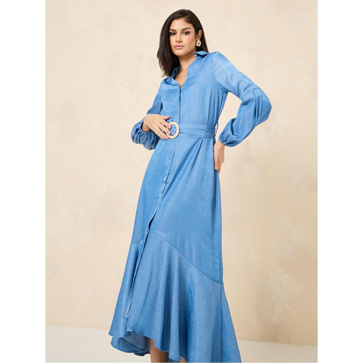Styli Asymmetrical Ruffle Hem Belted Maxi Dress-women-clothing-dresses-image-2