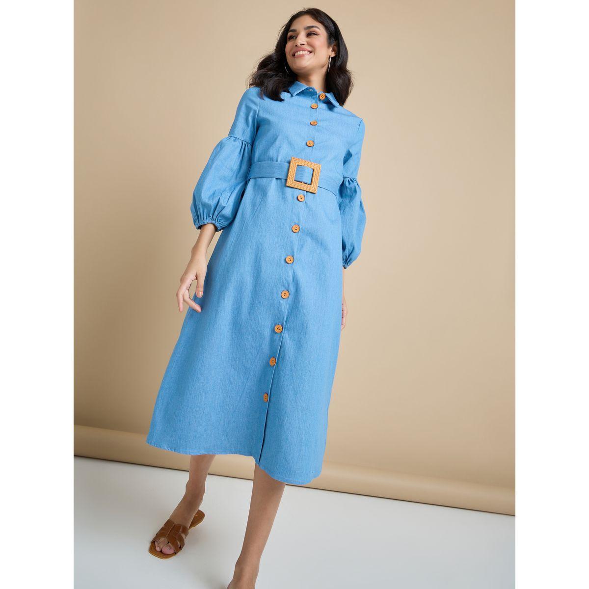 Styli Bishop Sleeve Belted Shirt Midi Dress-women-clothing-dresses-image-1