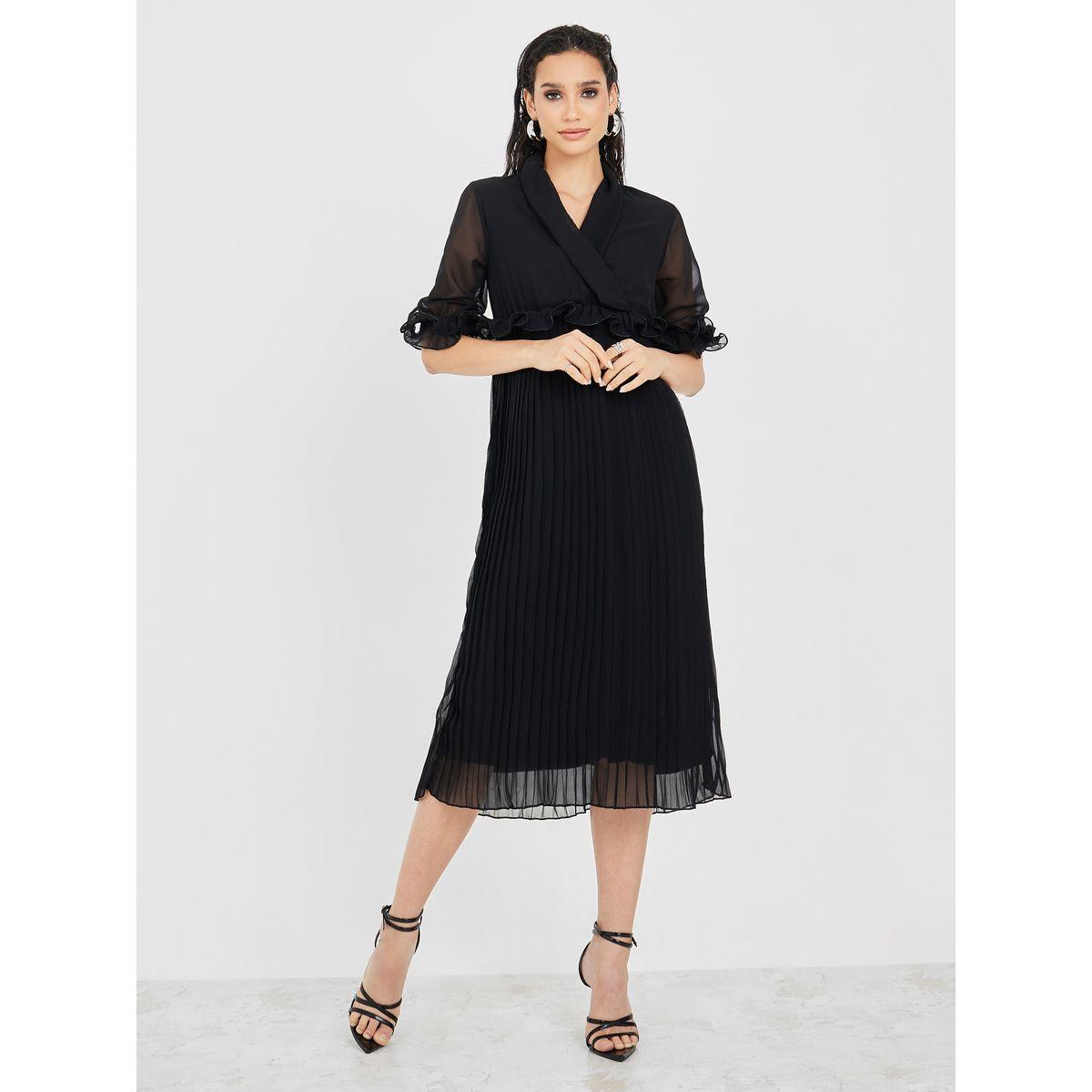 فستان ميدي مزين بكسرات وكشكش-women-clothing-dresses-image-1