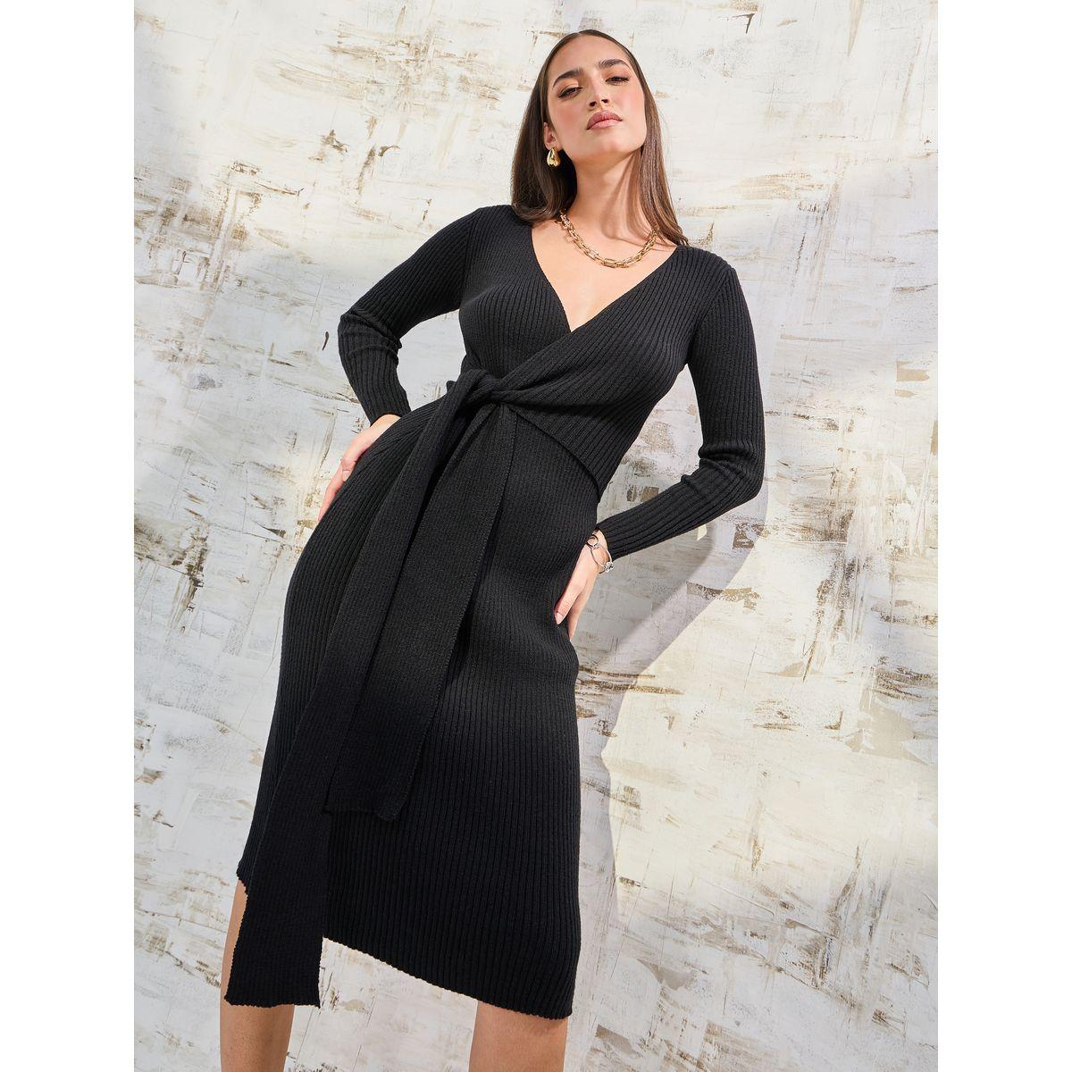 Styli Limited Wrap Front Chunky Knit Sweater Midi Dress-women-clothing-dresses-image-2