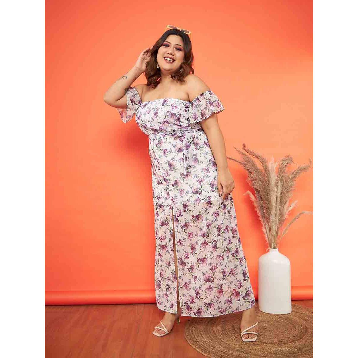 Sassafras X Styli Plus Floral Print Off Shoulder Belted Detail Maxi Dress-women-clothing-dresses-image-1