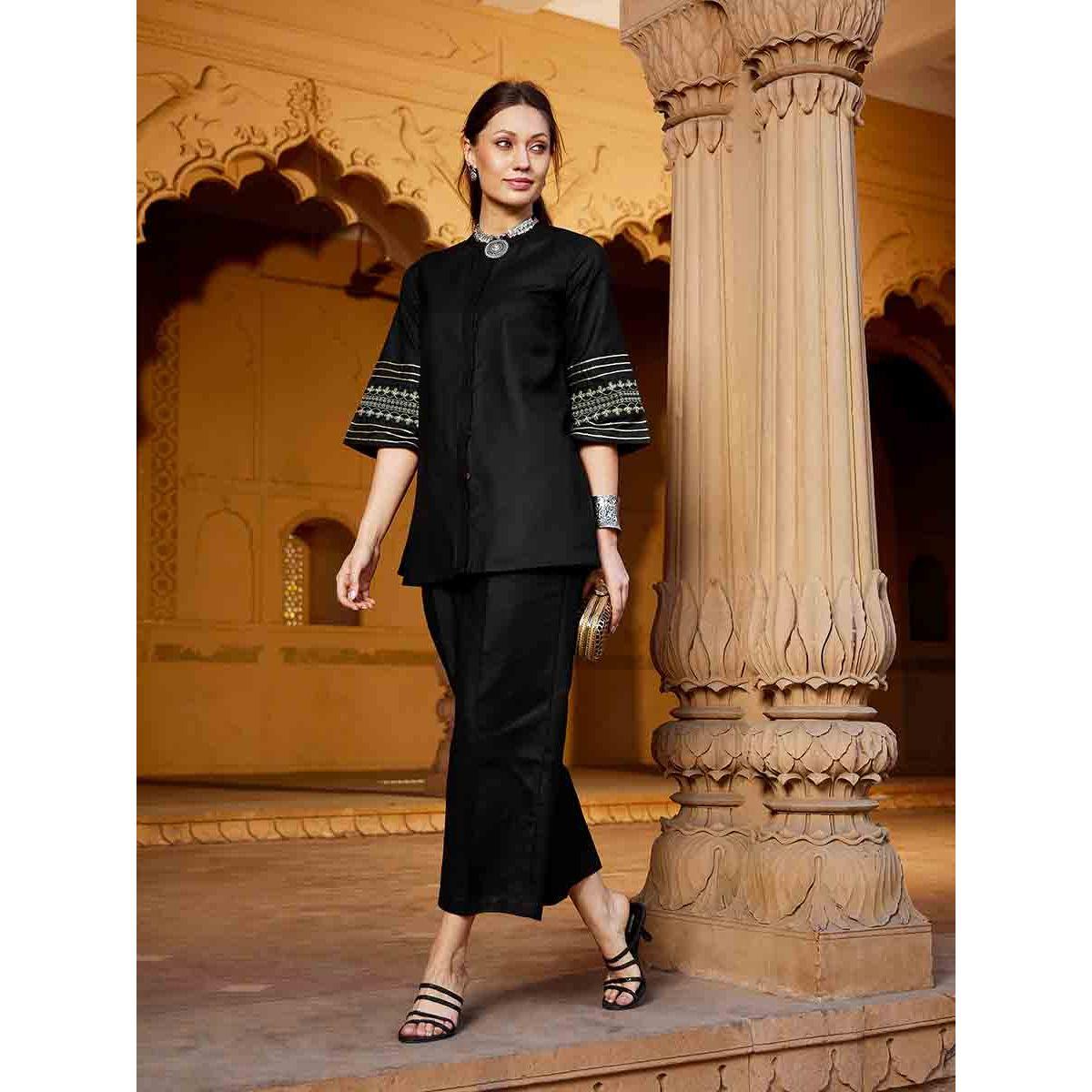 Sassafras X Styli Embroidered Sleeves Longline Blouse and Wide Leg Pants Set-women-clothing-coordsets-image-1