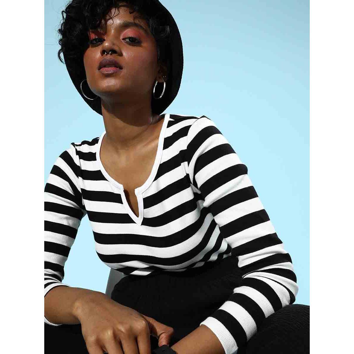 Sassafras X Styli Striped V Neck Ribbed T-Shirt-women-clothing-tshirts-image-1