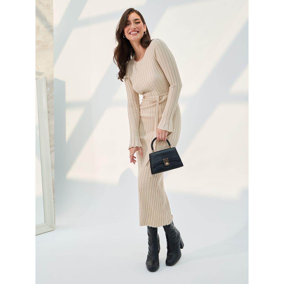 Styli Ribbed Tie Waist Sweater Bodycon Midi Dress-women-clothing-dresses-image-1