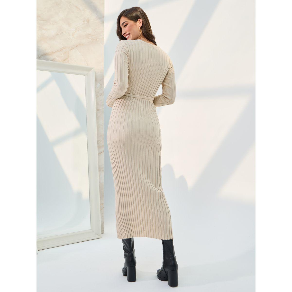 فستان ميدي مضلع بربطة خصر-women-clothing-dresses-image-4