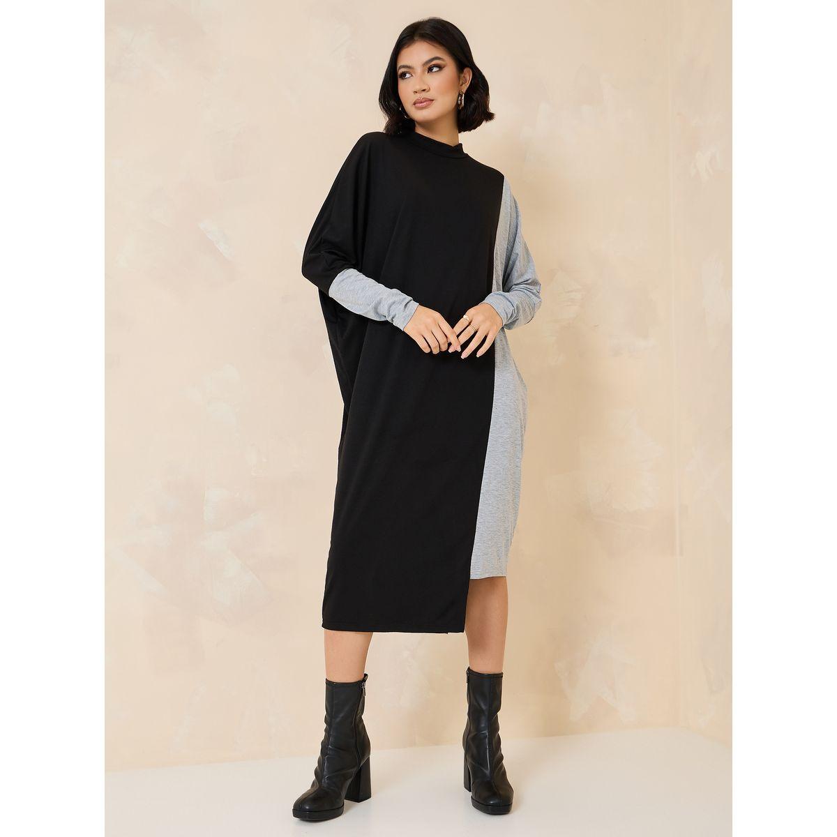Styli Duo Tone High Neck Sweatshirt Midi Dress-women-clothing-dresses-image-1