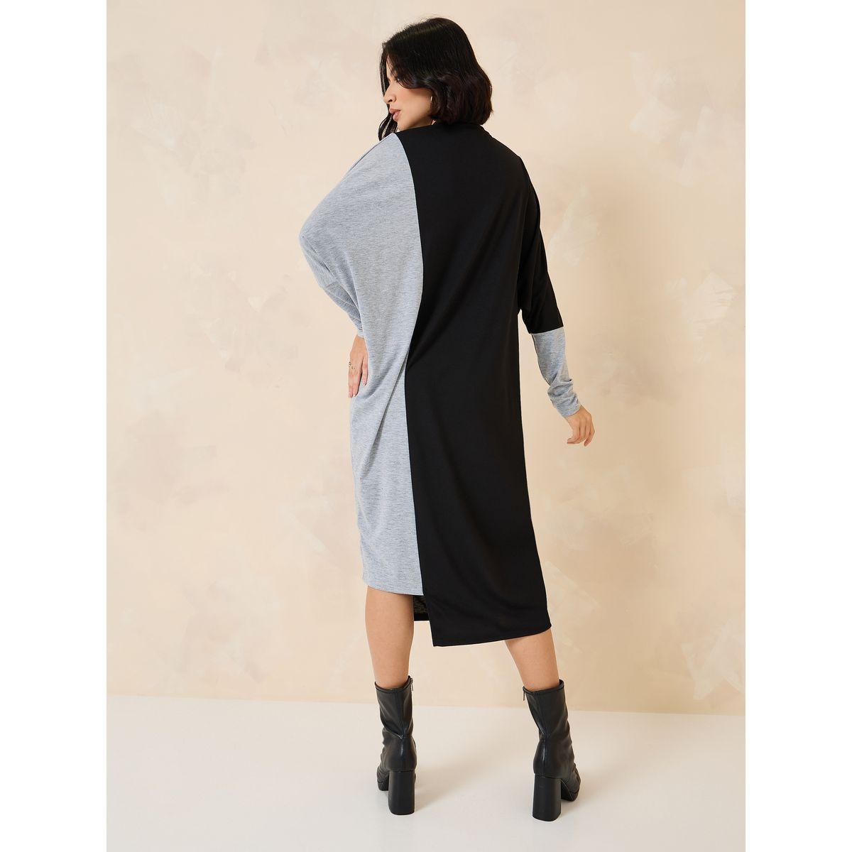 Styli Duo Tone High Neck Sweatshirt Midi Dress-women-clothing-dresses-image-5