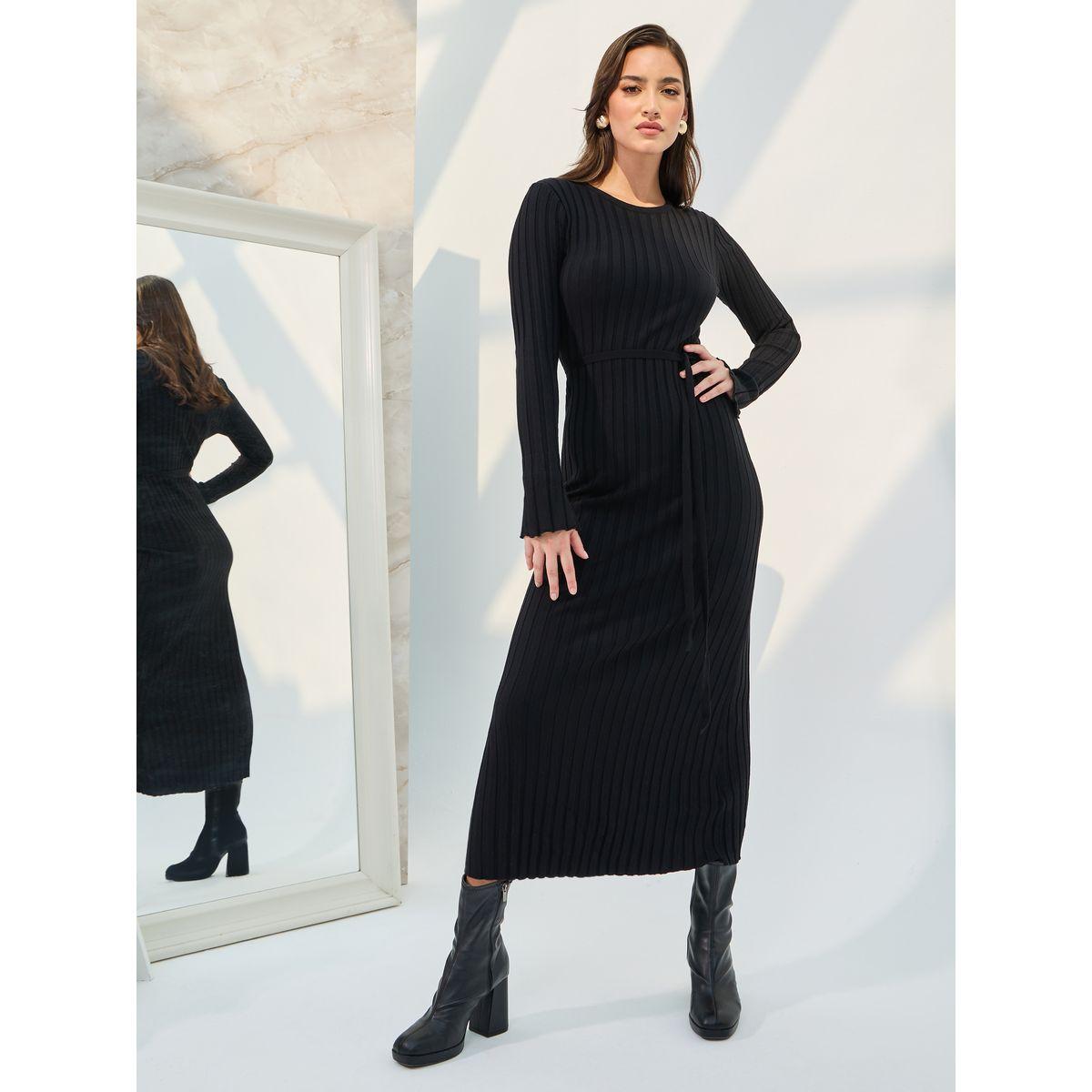 Styli Ribbed Tie Waist Sweater Bodycon Midi Dress-women-clothing-dresses-image-1