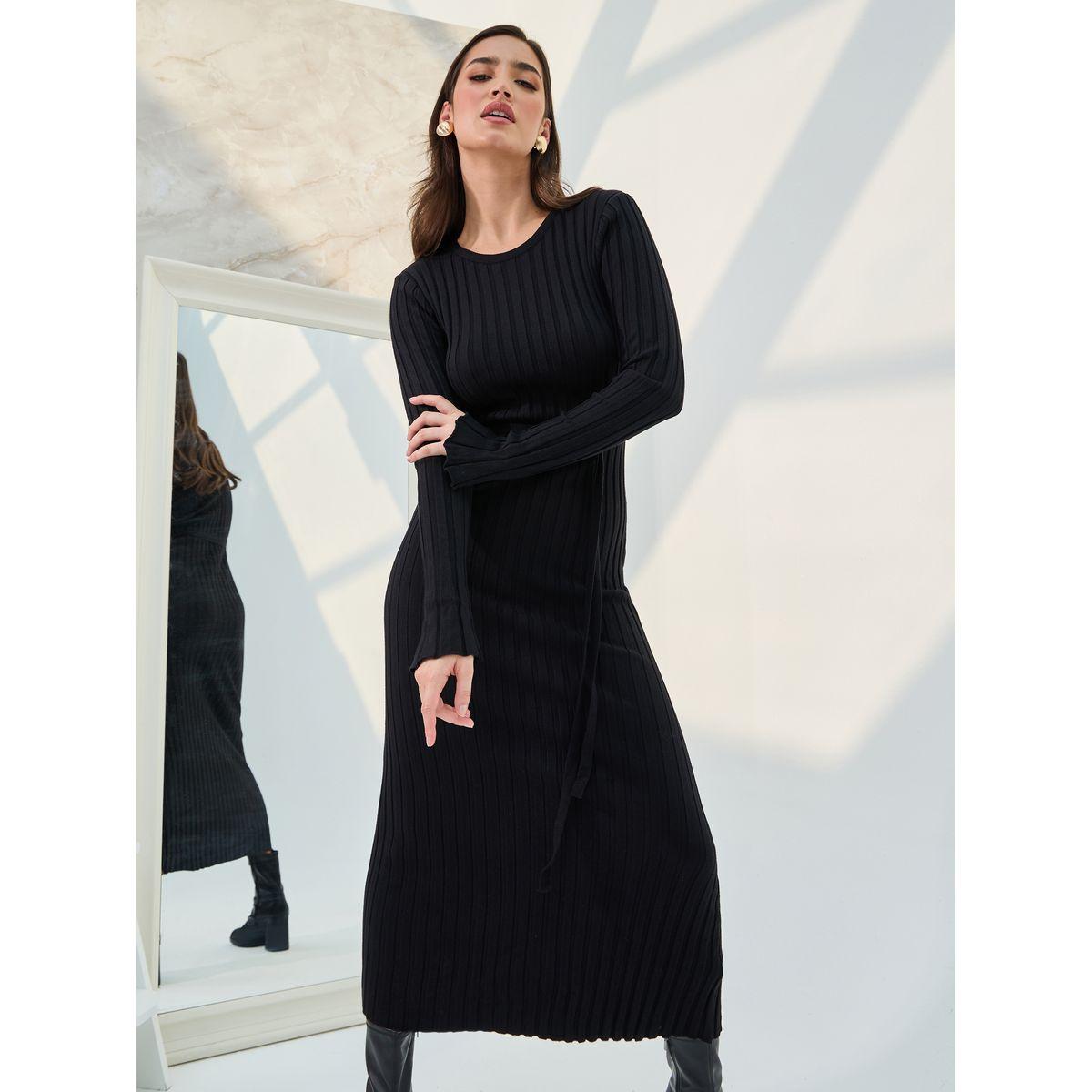 Styli Ribbed Tie Waist Sweater Bodycon Midi Dress-women-clothing-dresses-image-2