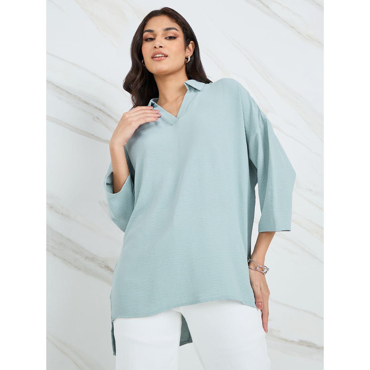 بلوزة بحافة غير متماثلة الطول-women-clothing-shirtsandblouses-blouses-image-1