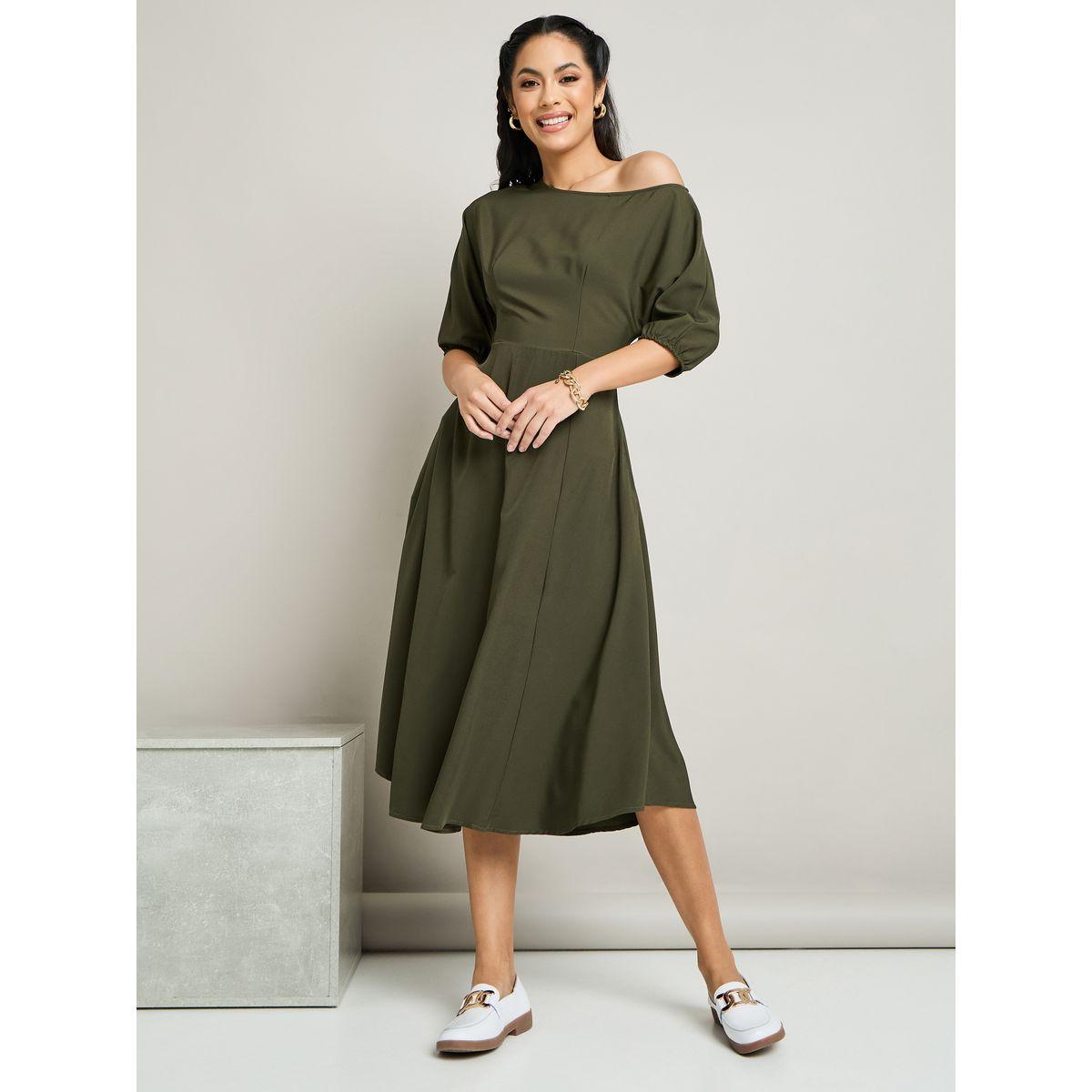 Asymmetric Neck  A-Line Midi Dress-women-clothing-dresses-image-1