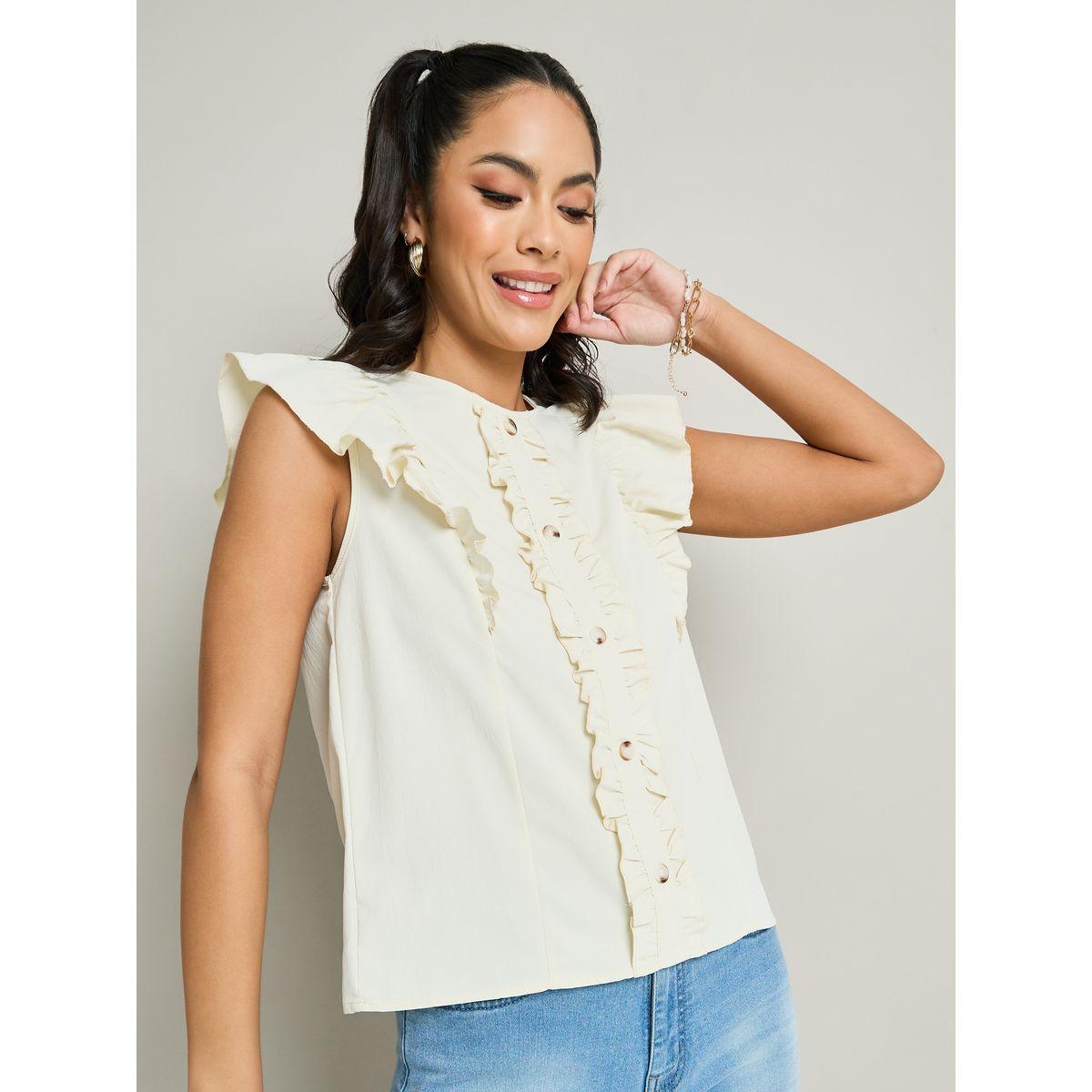 Styli Ruffle Trim Button Front Blouse-women-clothing-shirtsandblouses-blouses-image-2