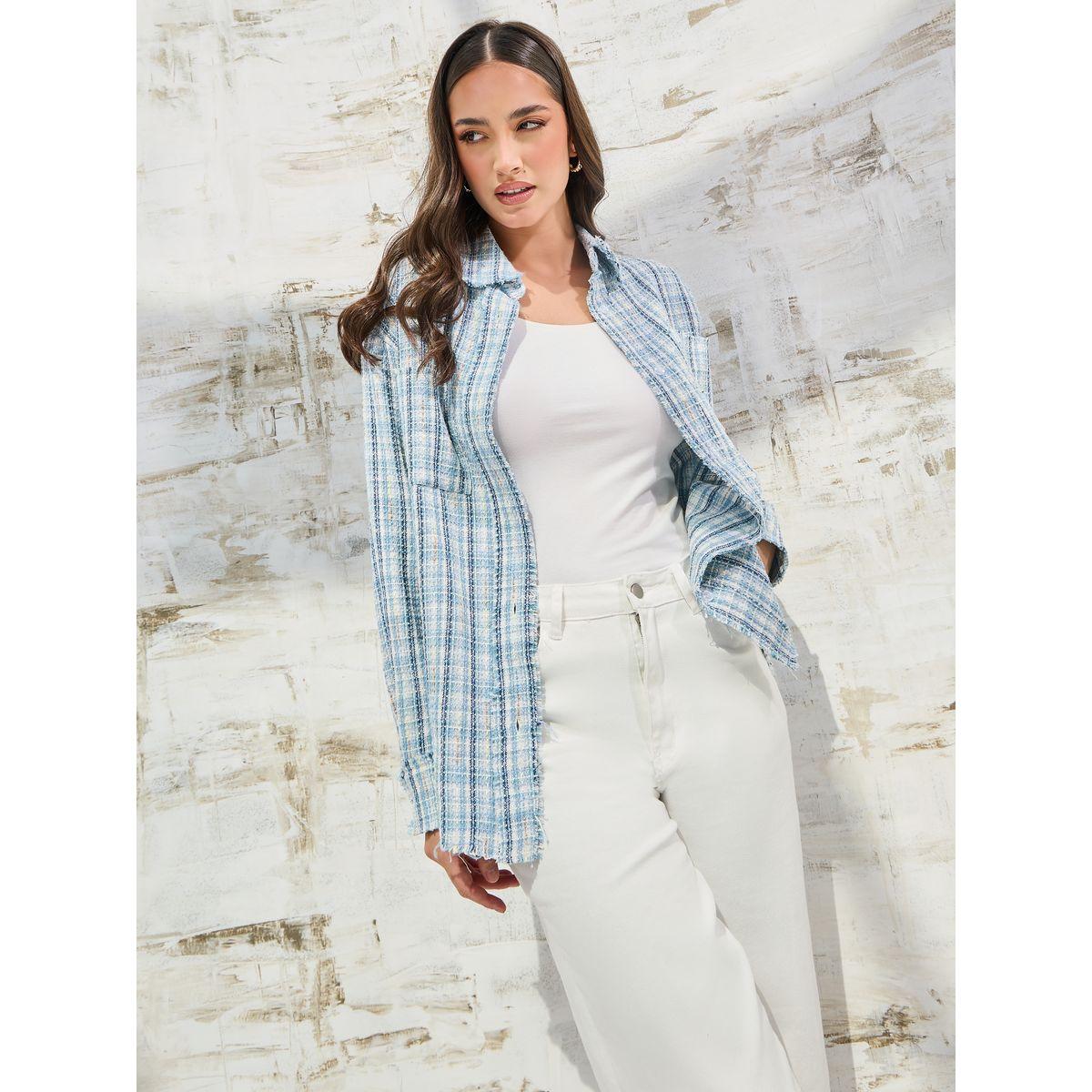 Styli Elevate Oversized Tweed Jacket with Pockets-women-winterwear-coatsandjackets-jackets-image-1
