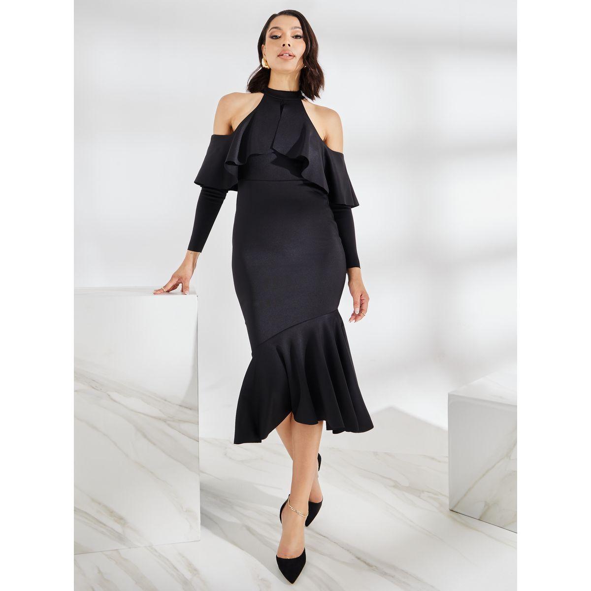 Styli Cold Shoulder Sleeve Ruffled Bodycon Midi Dress-women-clothing-dresses-image-1